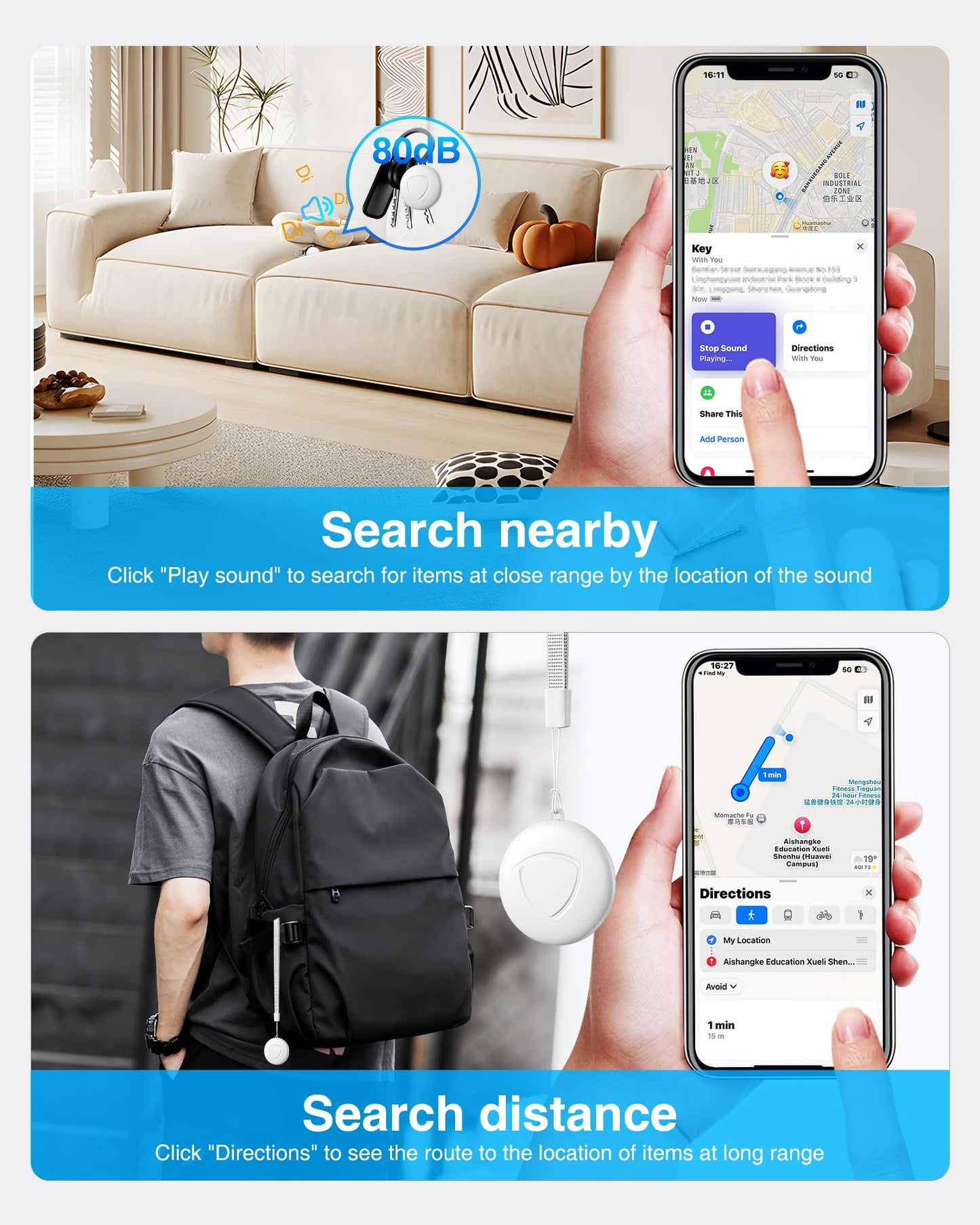 Air Tracker Tag - 2 Pack Smart Tag Bluetooth Key Finder Compatible with Apple Find My (iOS Only), Item Finder 100dB Sound, Tracker Device for Bike, Wallets, Car, Luggages, Replaceable Battery, White