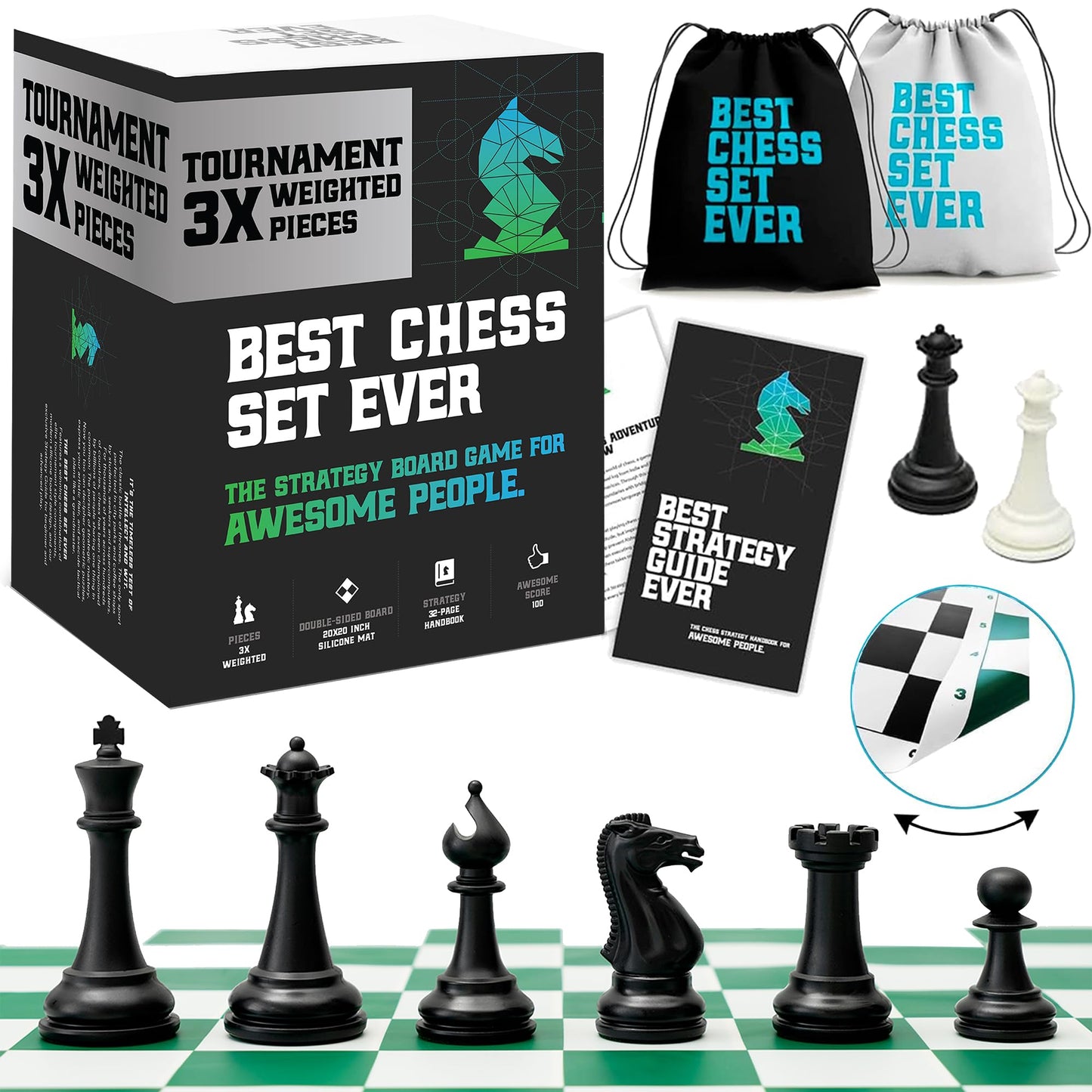 Best Chess Set Ever 3X Triple Weighted Tournament Size Chess Board Set (4" King) Large Staunton Modern Pieces, 20x20 Big Double-Sided, Roll Up Silicone Mat, Professional Chess Game for Kids & Adults