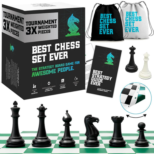 Best Chess Set Ever 3X Triple Weighted Tournament Size Chess Board Set (4" King) Large Staunton Modern Pieces, 20x20 Big Double-Sided, Roll Up Silicone Mat, Professional Chess Game for Kids & Adults