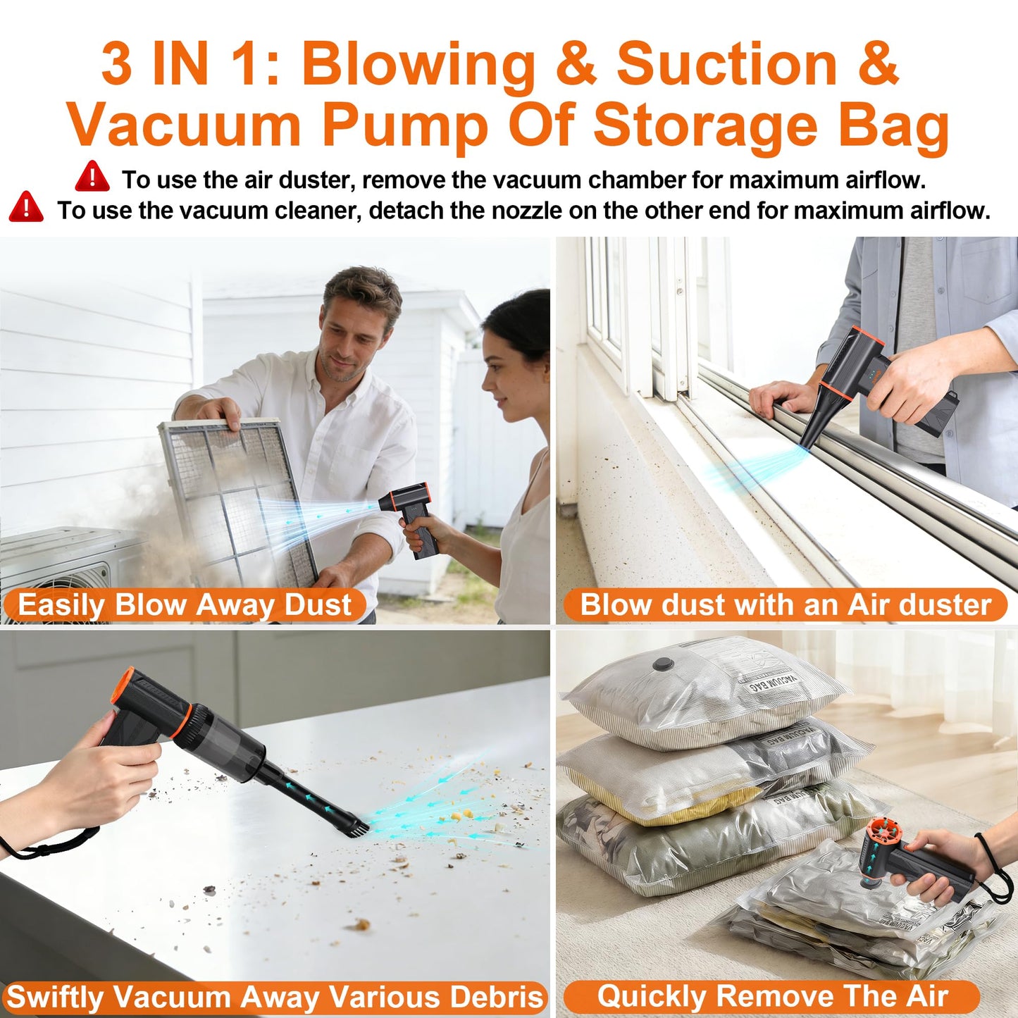 JUFINX F32MAX Compressed Air Duster-150000RPM Super Power Electric Air Duster and Vacuum Cleaner & Bag Vacuum Sealer 3-in-1，for PC Keyboard Cleaning, Car Interior Cleaning.