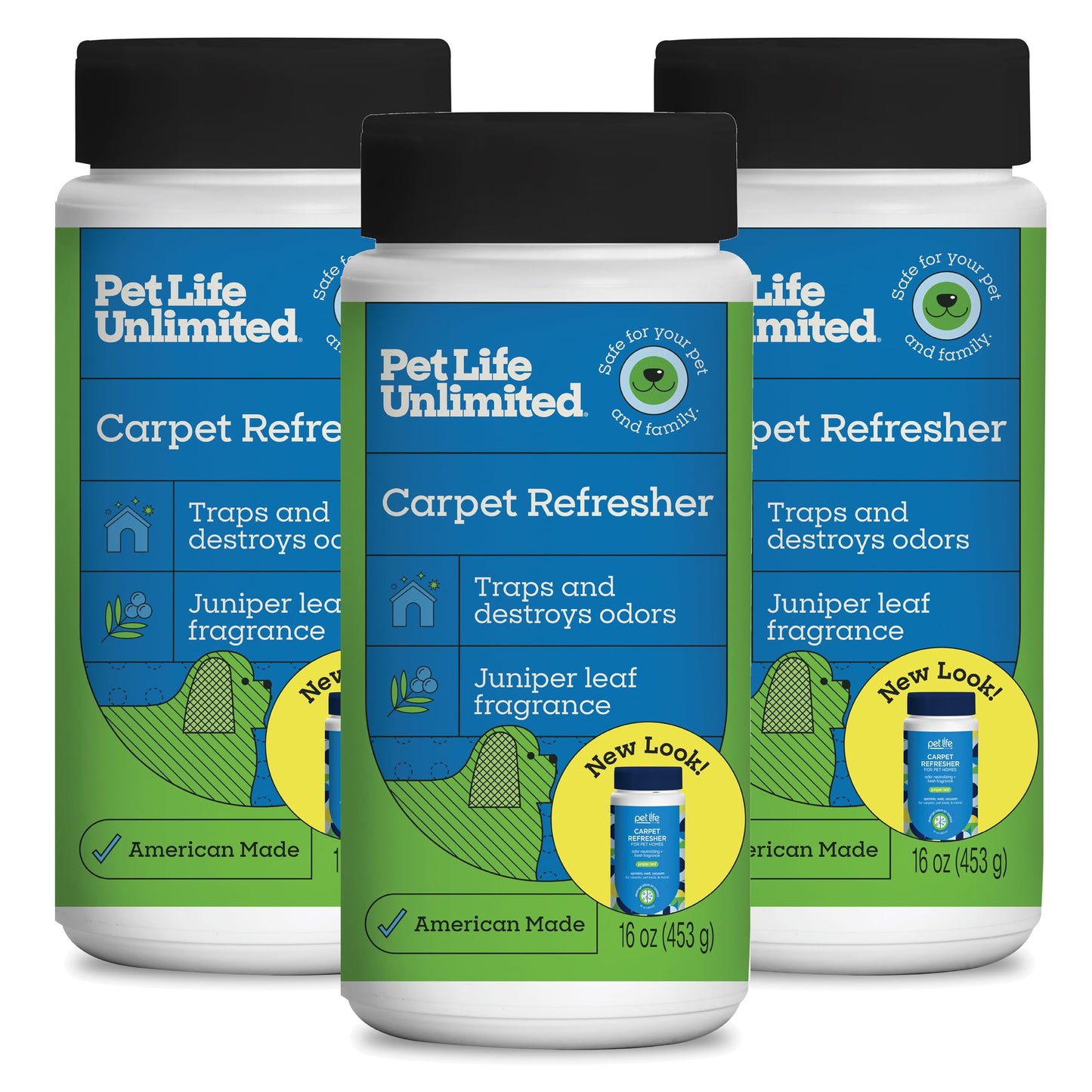 Pet Life Unlimited Carpet Refresher & Deodorizer Powder - Pet Safe, Plant-Based Juniper Leaf Scent, Made in USA - 16oz (Pack of 3)