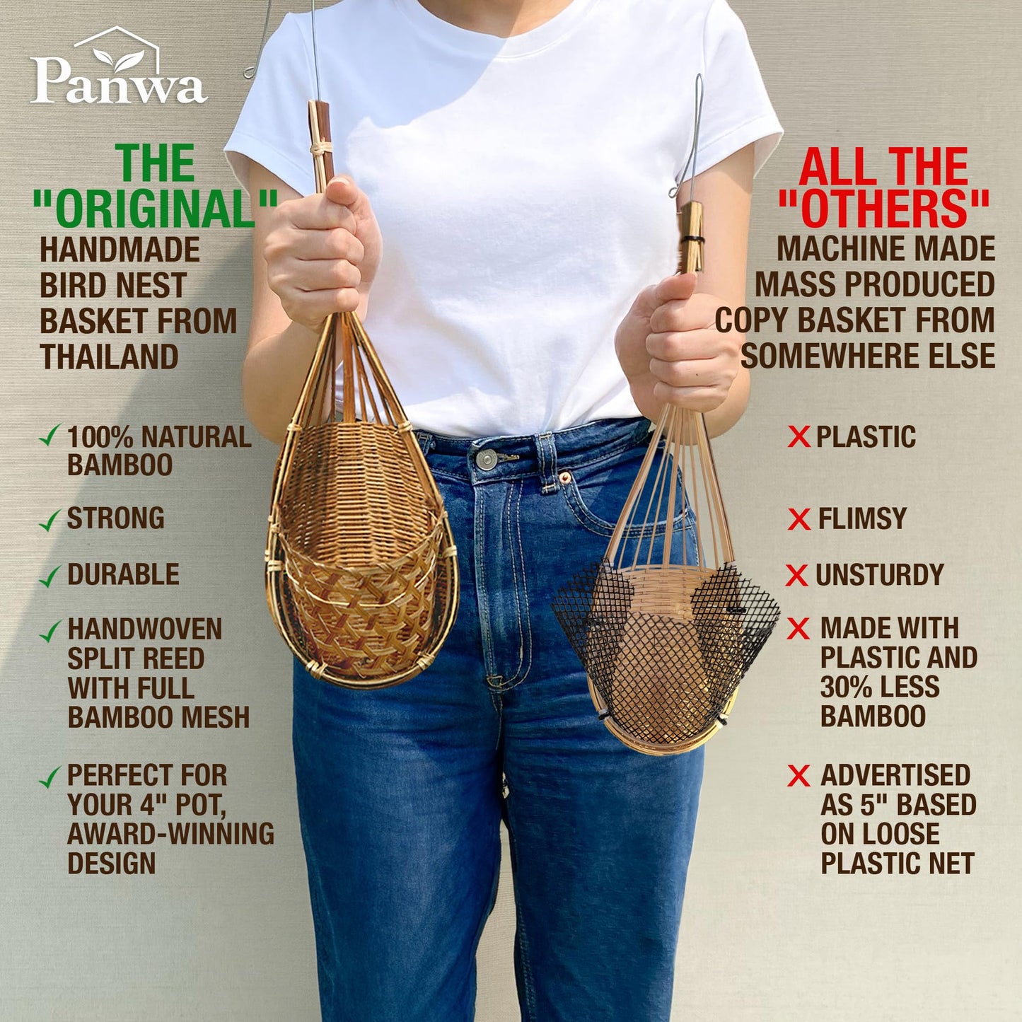 PANWA Handmade 100% Thai Bamboo Hanging Orchid Basket – 4 Inch Set of 3