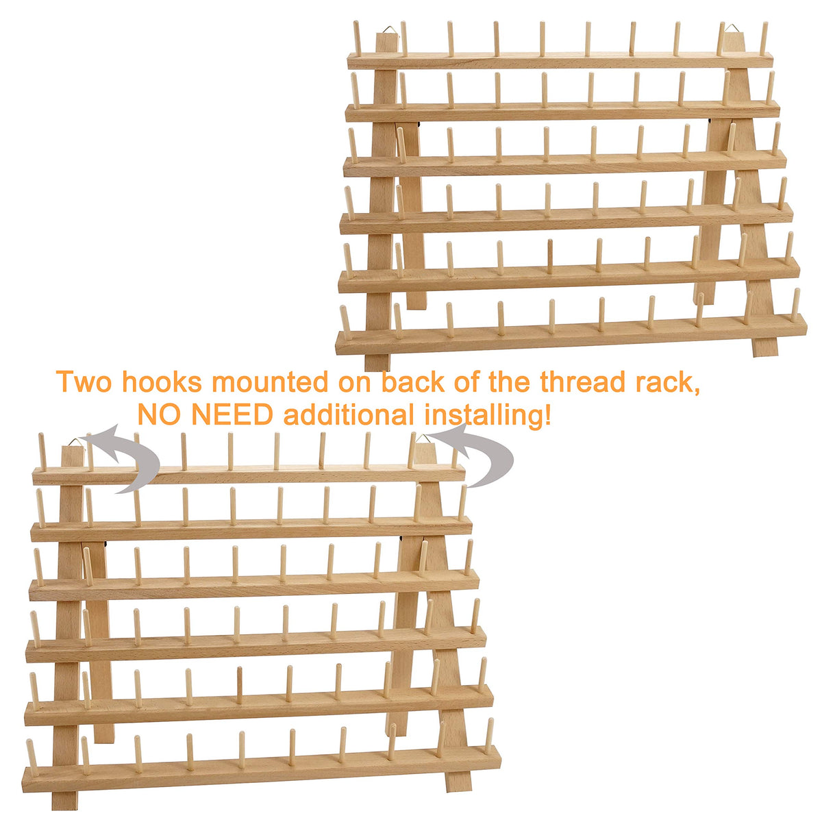 New Brothread 2X60 Spools Wooden Thread Rack/Thread Holder Organizer with Hanging Hooks for Sewing, Quilting, Embroidery, Hair-braiding