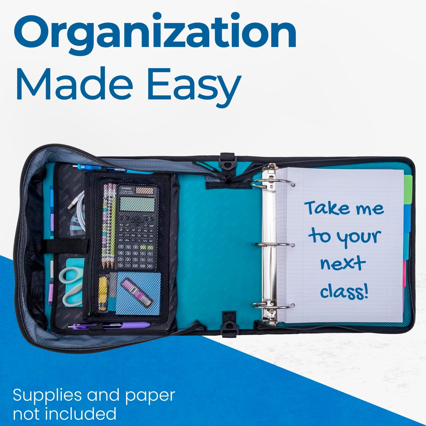 Case-it The Mighty Zip Tab Zipper Binder - 3 Inch O-Rings - 5 Color Tab Expanding File Folder - Multiple Pockets - 600 Sheet Capacity - Comes with Shoulder Strap - Aqua Marine D-146