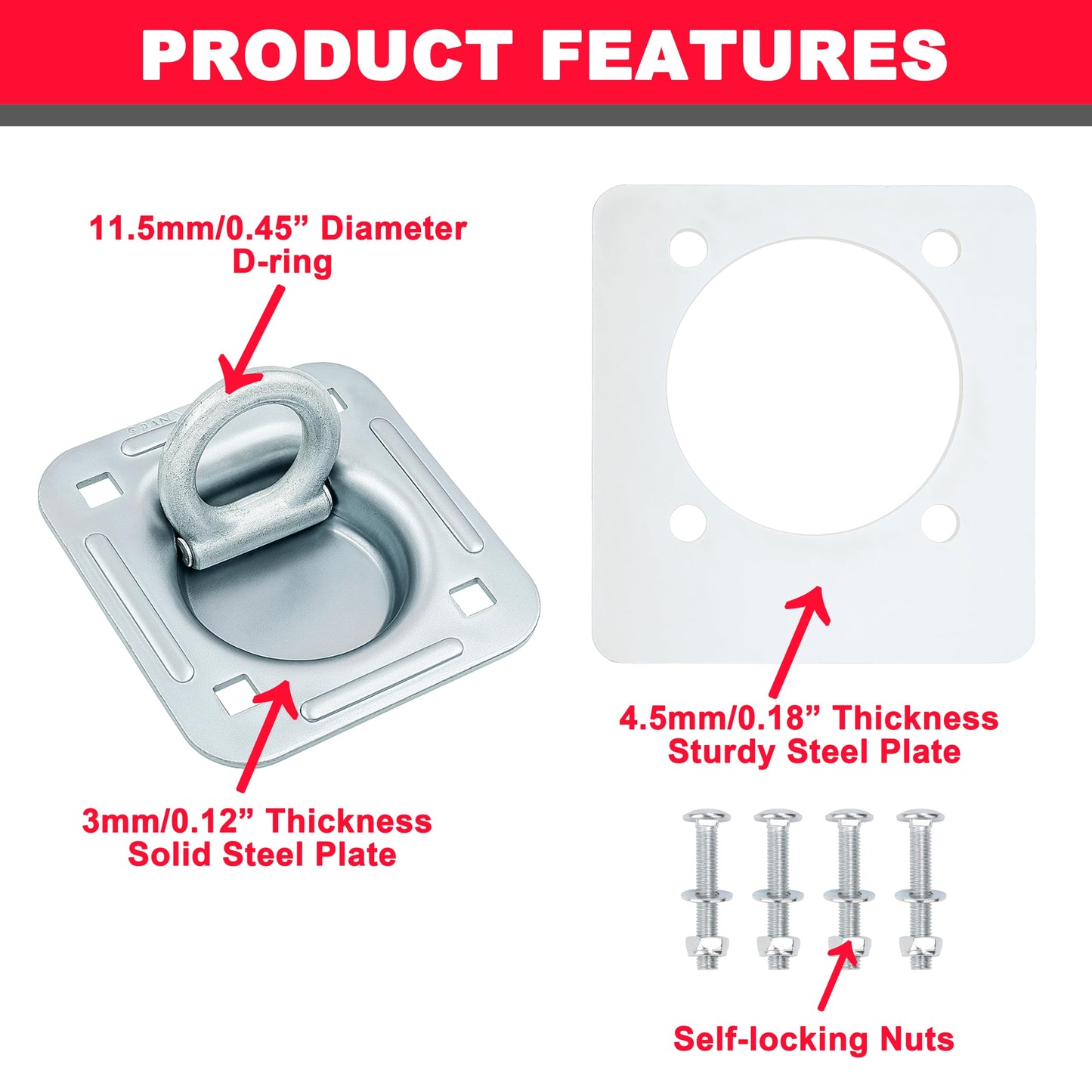 PEAKTOW Recessed D Ring Tie Down, 6000 Lbs. Capacity, for Flatbed Trailer and Truck, Great for Securing Equipment and Cargo, Including Mounting Lock Plate and Installation Hardware Pack of 4