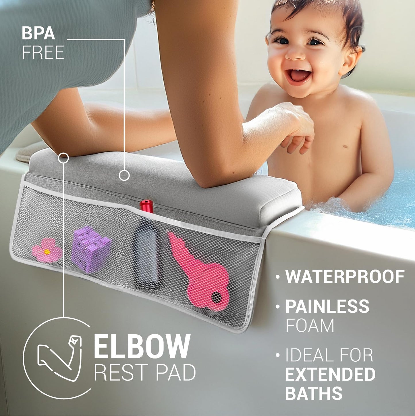 COLSEN Baby Bath Kneeler and Elbow Kneeling Rest Pad Set – Comfortable, 1.5” Thick, Painless, Non-Slip, Foldable Bathing Parent time Mat, with Toy Organizer for Babies and Toddler While Sitting Up