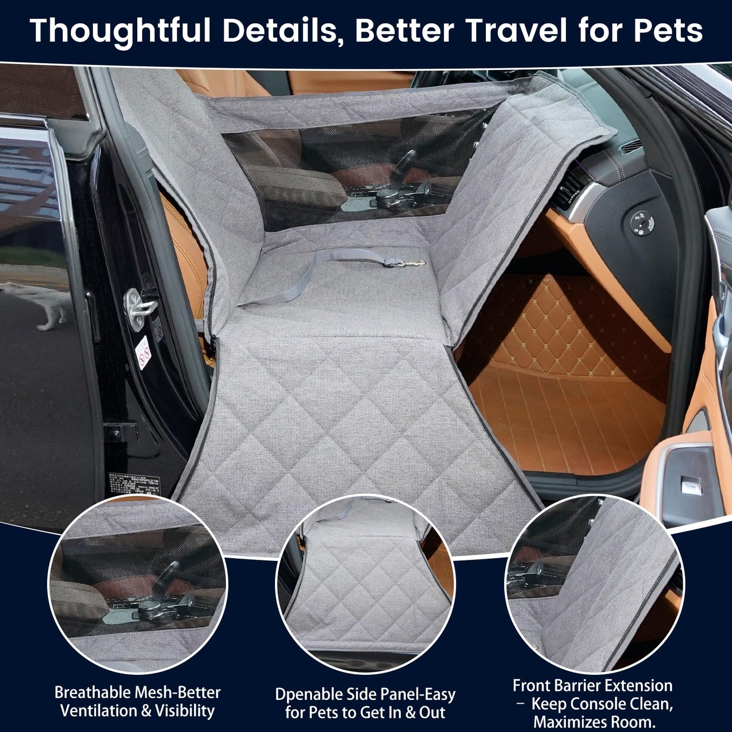 Dog Car Seat for Small/Medium Dogs with Central Console and Door Protection – Full Coverage Pet Booster Seat with Mesh Window, Zippered Side Flaps, Safety Buckle, Machine Washable, Grey Linen Fabric