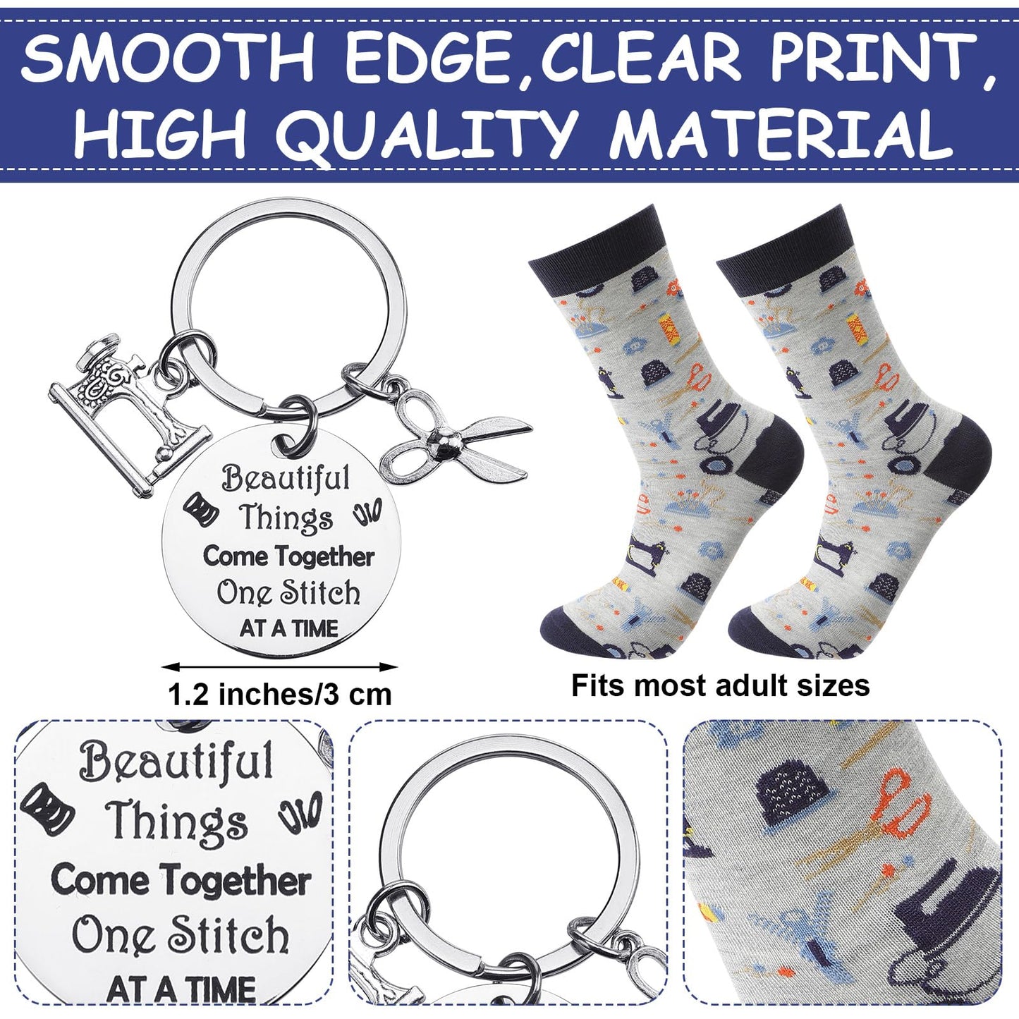 Abbylike 5 Pcs Sewing Gifts for Seamstress Women Gifts Canvas Bag Cosmetic Bag Quilting Coffee Mug Socks 11 oz Cup Quilter Keychain Funny Presents for Mom Quilters Sewing Lovers(White,Classic)