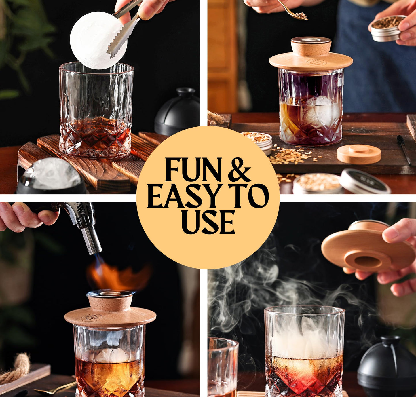 Whiskey Smoker Kit - Cocktail Smoker with Torch, 2 Ice Ball Makers, 6 Flavors Wood Chips, 2 Custom Burn Guard Filters - Old Fashioned Smoker Kit - Drink Smoke Infuser - Fumoir a Whisky