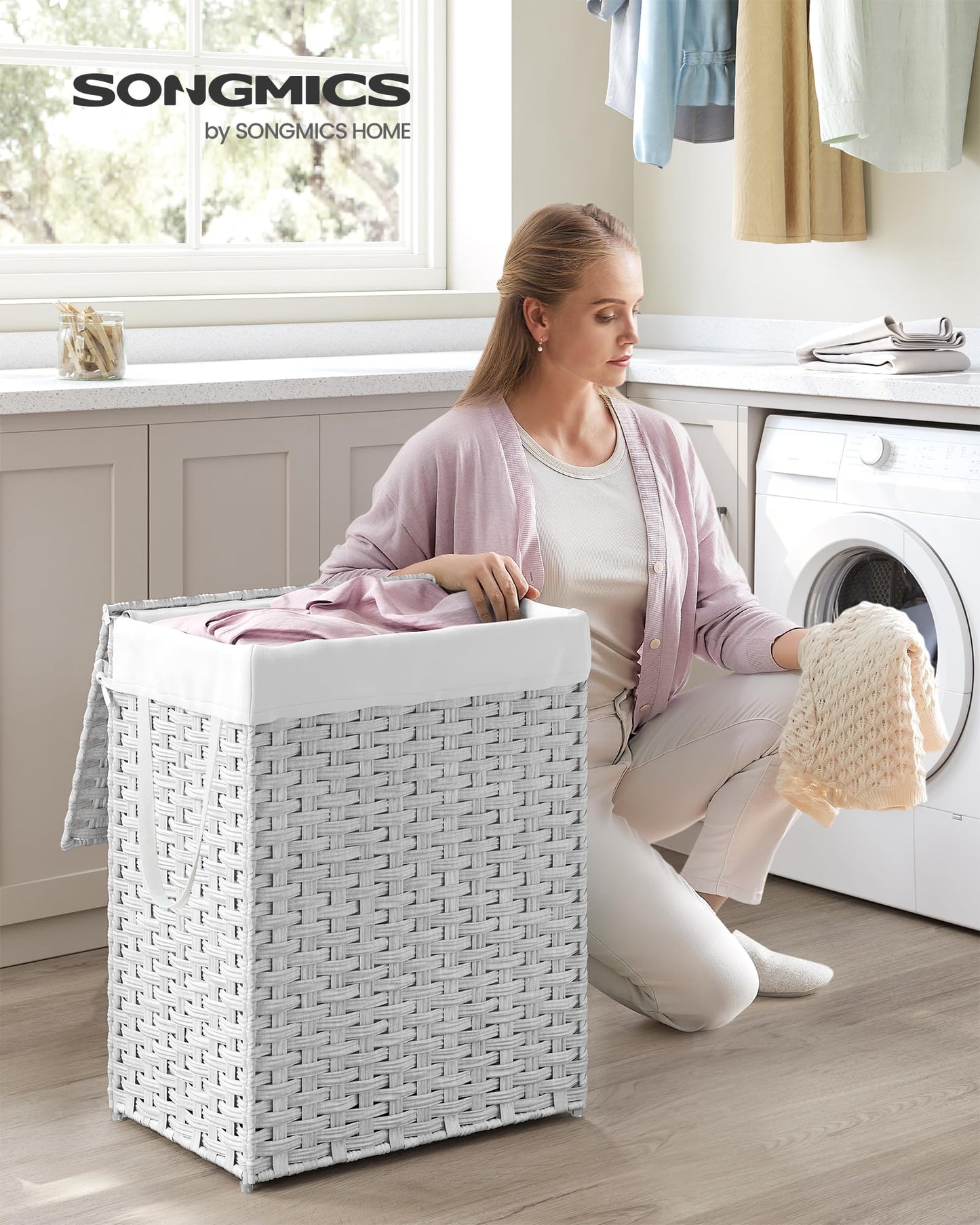 SONGMICS Laundry Hamper with Lid, 23.8 Gallon (90 L) Synthetic Rattan Clothes Laundry Basket with Lid and Handles, Foldable, Removable Liner, Snow White ULCB051W01V1