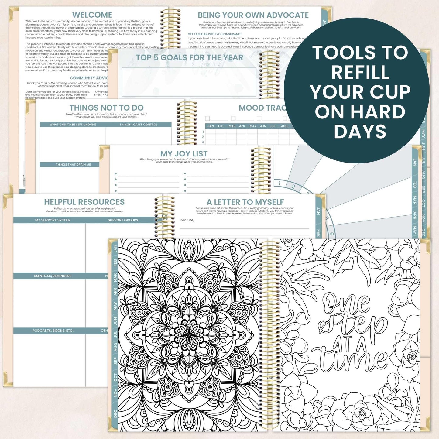 bloom daily planners Undated Chronic Illness Planner & Medical Journal - 12 Month Pain & Symptom Tracker, Mood Diary & Medication Log, Appointment Organizer - Includes Stickers! (7” x 9”) - You Are Stronger Than You Think