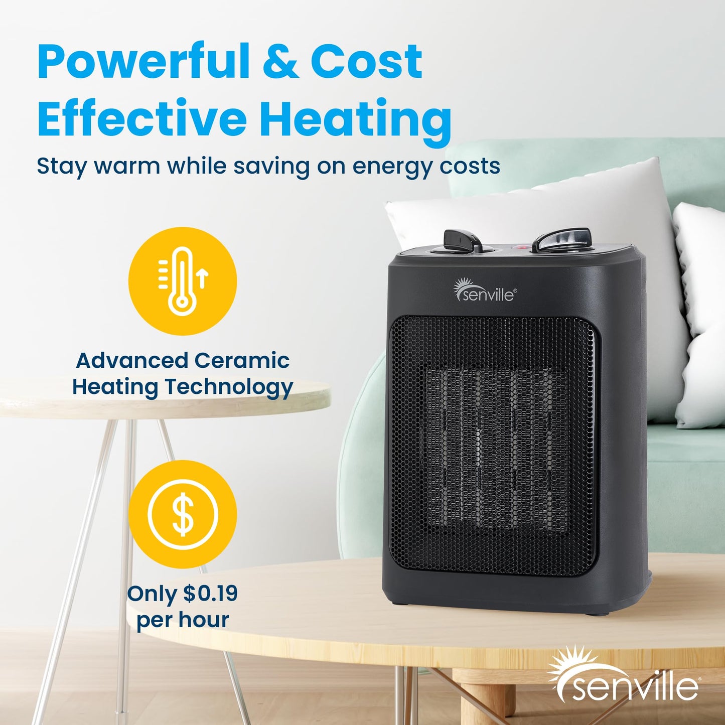 Senville Electric Space Heater with 3 Operating Modes, Adjustable Thermostat, Overheat and Tip-Over Protection, 1500W