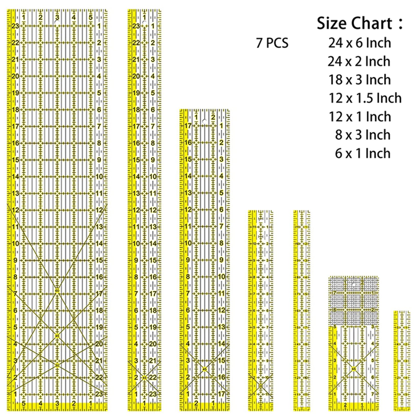7 Pack Acrylic Quilting Ruler, Long Transparent Fabric Cutting Quilter Ruler with Double-Colored Grid Lines. Clear Sewing and Ironing Rulers for Precision Cutting and Easy Sewing (1"x6" ,1"x12",1.5"x12" ,2"x24",3"x8",3"x18", 6"x24")