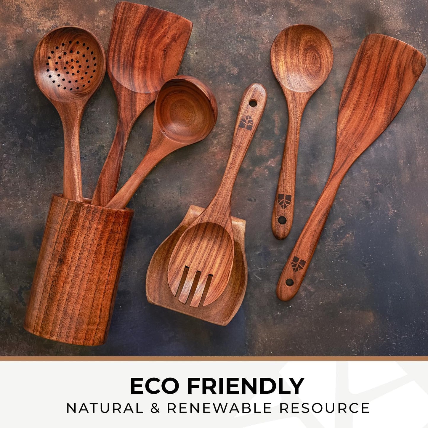 Wooden Spoons for Cooking, Cooking Utensils Set, Kitchen Utensil Set with Holder, Spoon Rest & Hanging Hooks, Teak Wood Nonstick Cookware – Durable Set of 8pcs by Woodenhouse