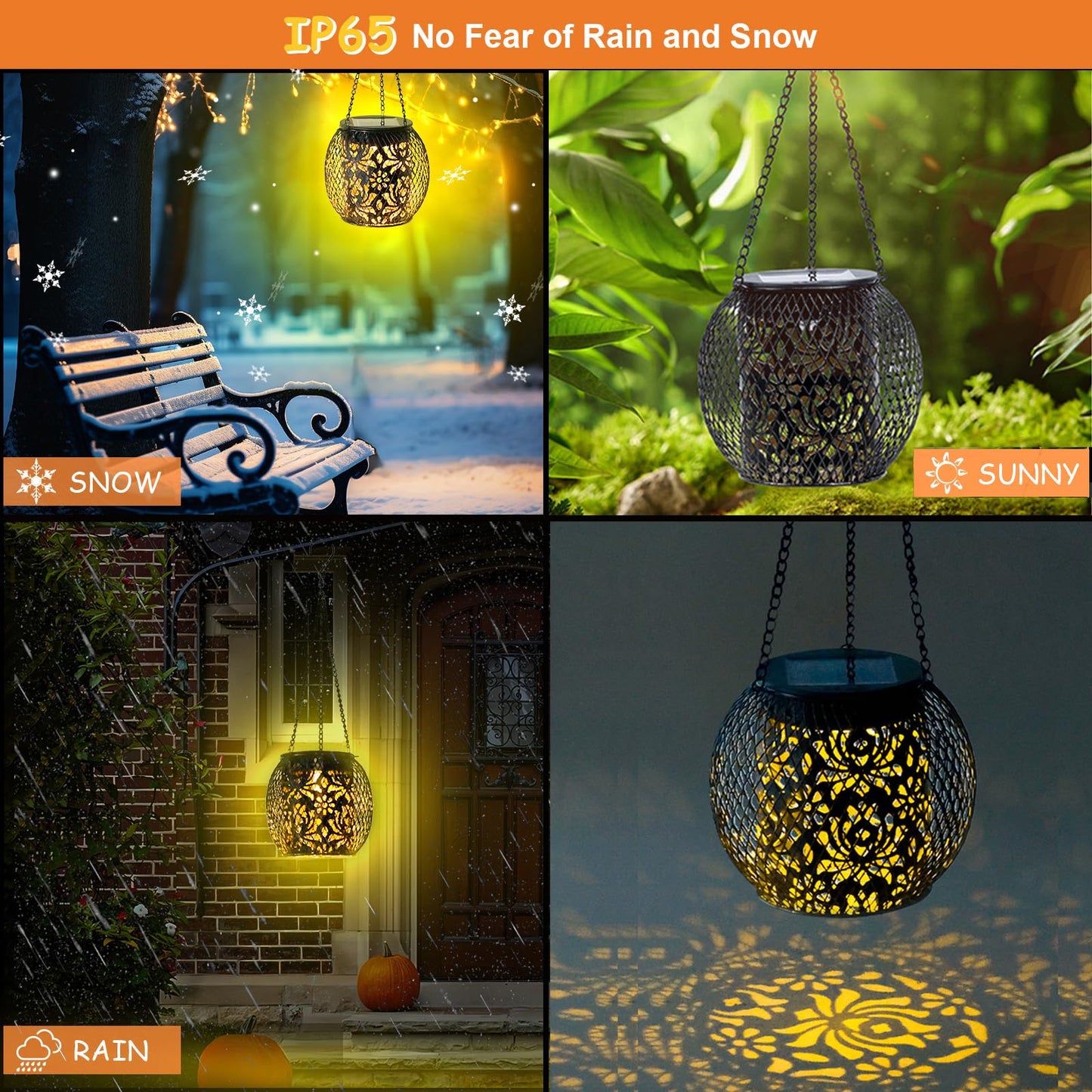 Mizmakp Solar Lanterns Outdoor 4 Pack, 1000mAh Hanging Solar Lights Outdoor IP65 Waterproof Metal Lanterns with Pattern, Garden Lights for Yard Patio Porch Pathway Fence(11.5x11.5cm)
