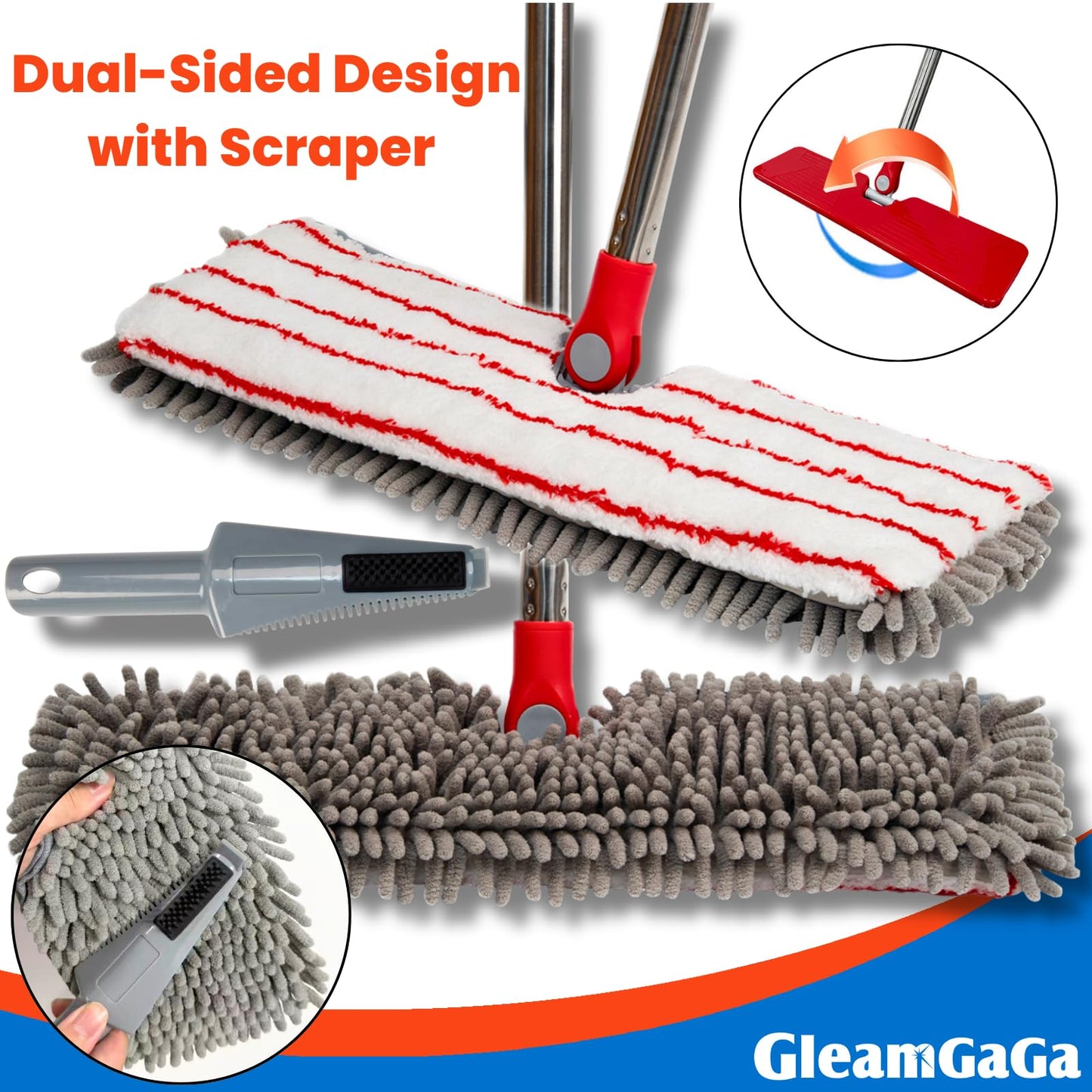 Microfiber Flip Mop, GleamGaGa Flat Mop with Stainless Steel Handle,Mops for Floor Cleaning and 4 Reusable Washable Mops Pads,Wet & Dry Dust Mopping for Hardwood,Vinyl,Laminate,Tile , Marble Cleaning