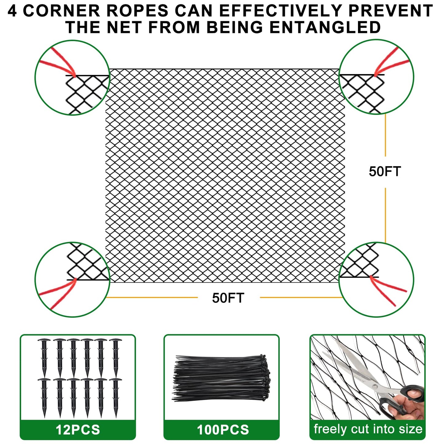 BSTPCOO Bird Net 50'x50' for Chicken Coop, Heavy Duty Nylon 3/4" Mesh Garden Netting, Aviary, Deer Fence, Pests Trellis for Fruits Trees Plant