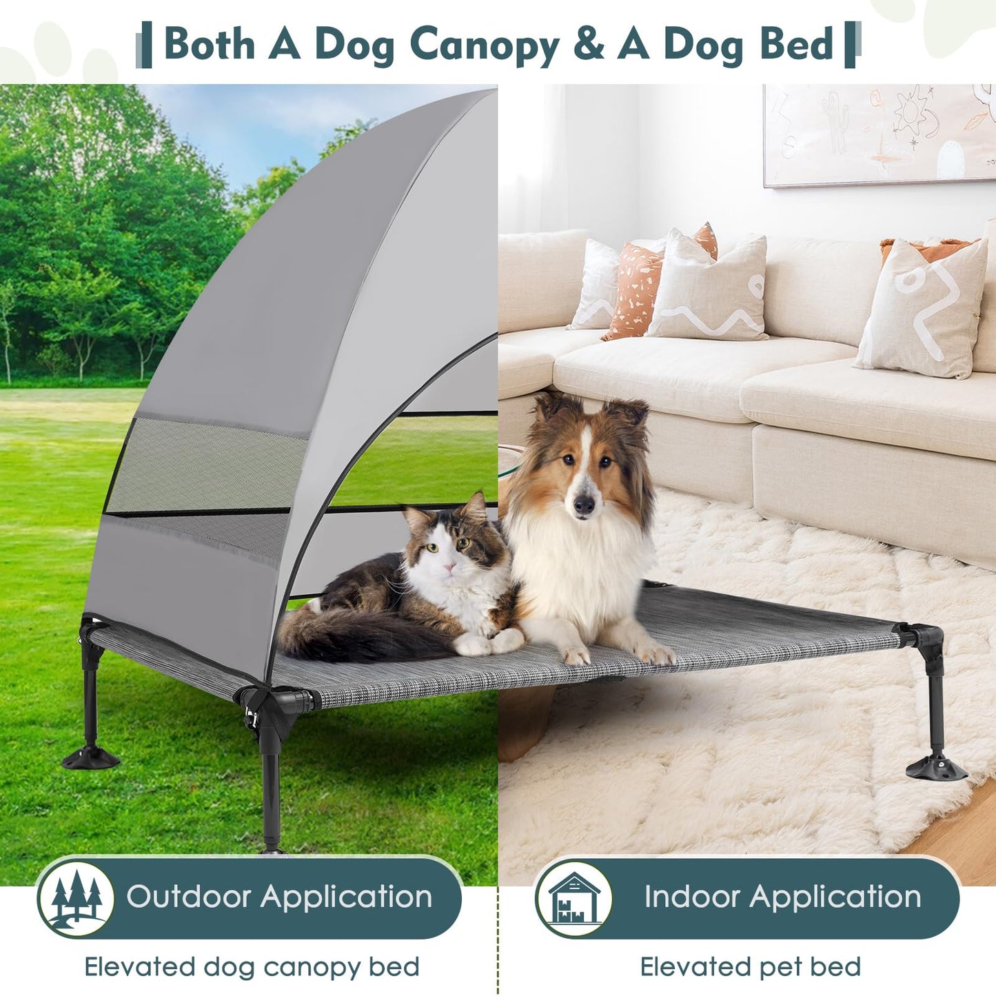 Upgraded Elevated Dog Bed with Canopy, Portable Raised Outdoor Dog Bed with Stable Anti-Slip Feet, Wider Shade Pet Bed Cot, Raised Dog Beds for Large Dogs Camping (Black & Grey, Large)
