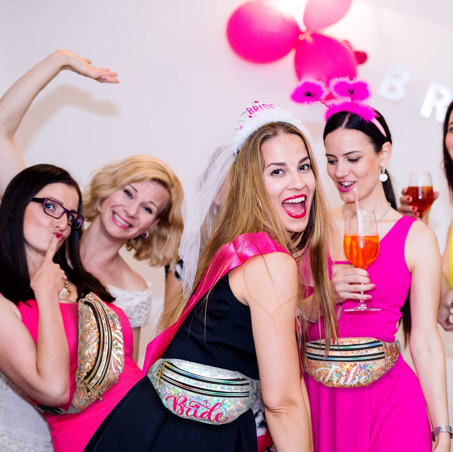 8 Pieces Bachelorette Party Gifts for Bride Holographic Bride Fanny Packs Waterproof Adjustable Bridesmaid Tribe Waist Bag Silver Rose Gold Squad Packs Rave Bags for Wedding Party Bridal Shower