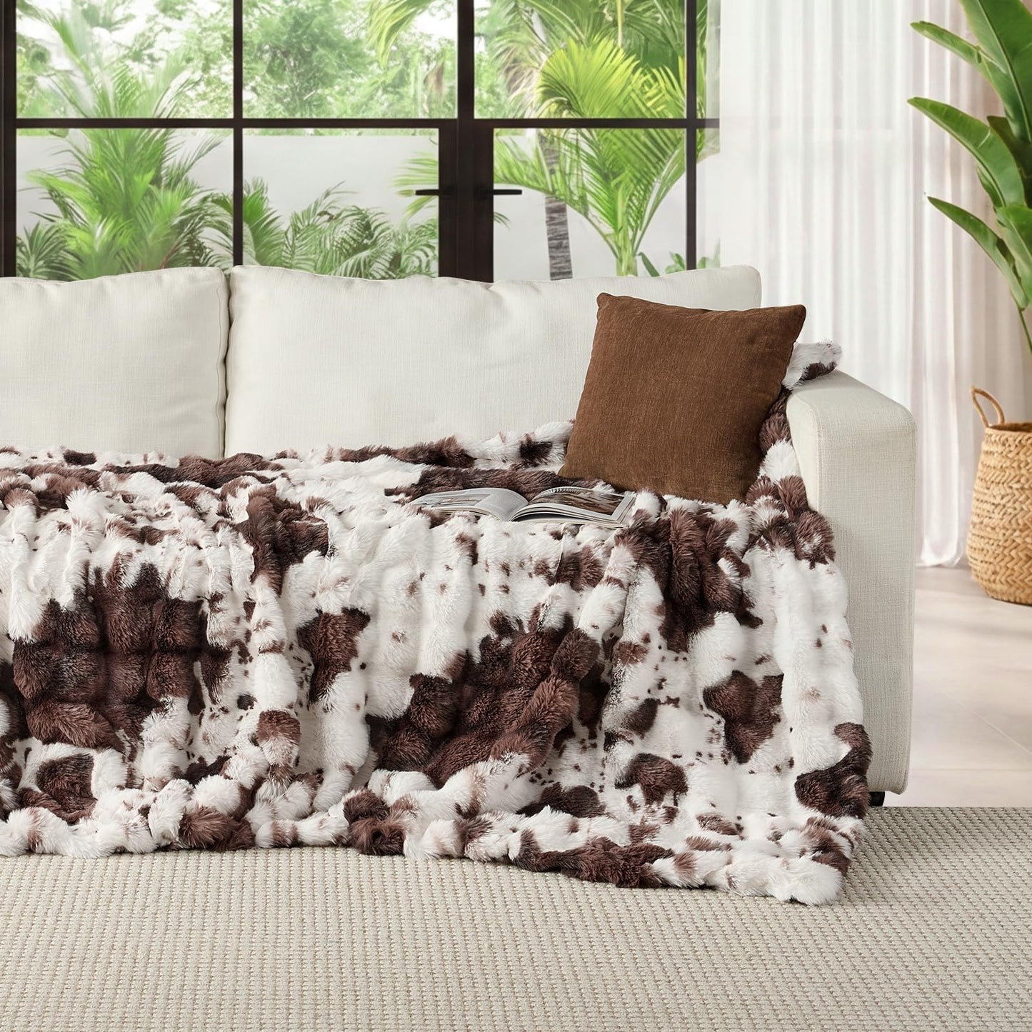 Lotus Karen Faux Fur Throw Blanket Cow Print-Dark Brown 80x60 Inches, Fluffy Fuzzy Plush Bubble Blanket for Couch, Cozy Shaggy Luxury Rabbit Blanket for Sofa Bedroom Living Room