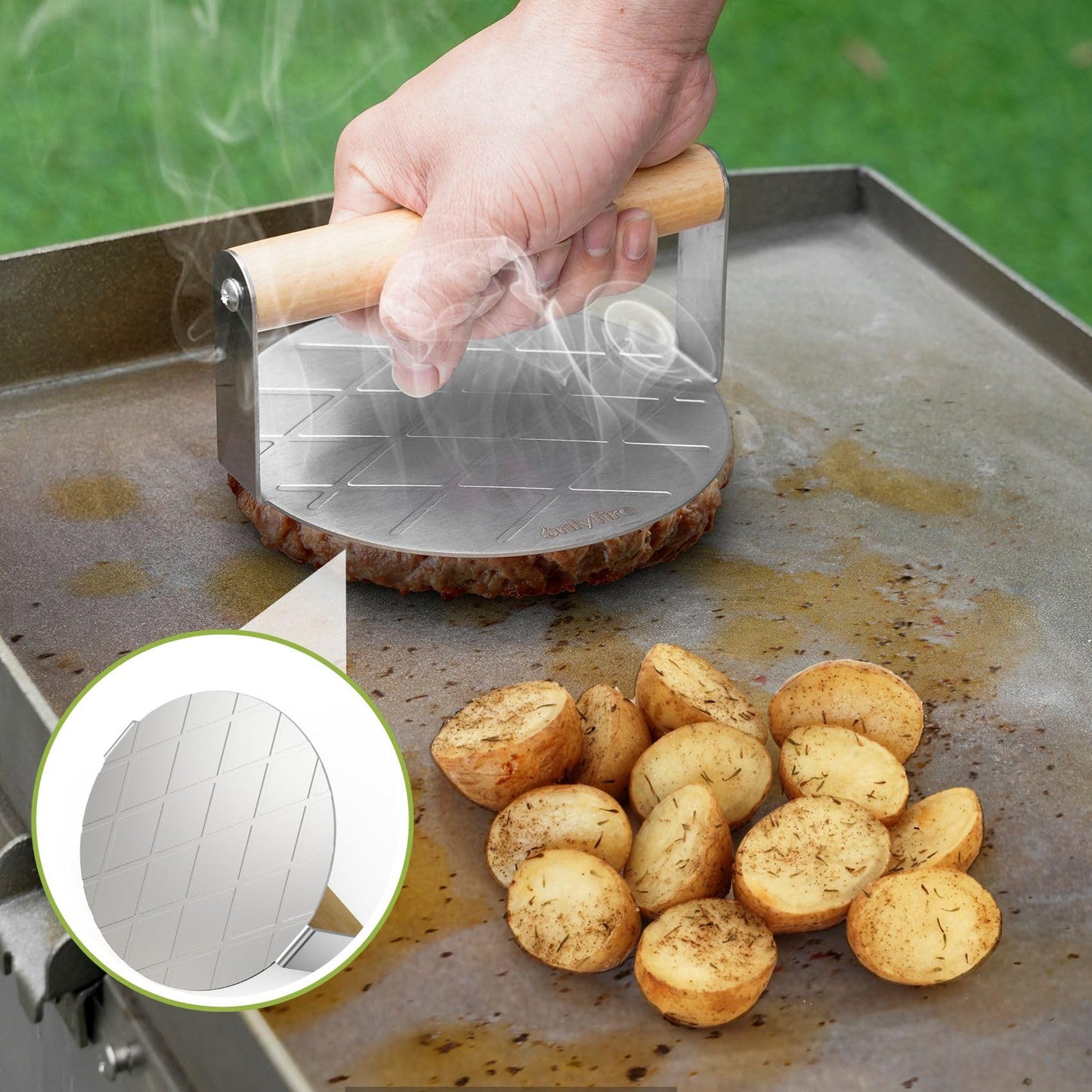 only fire Griddle Accessories Kit,Cheese Melting Dome & Burger Press Kit,6 Inch Basting Cover with Burger Smasher & Grill Spatula for Outdoor Griddle BBQ, Flat Top Teppanyaki Grilling & Steaming