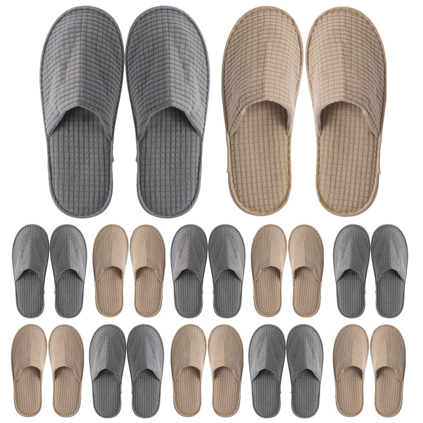 12 Pairs Disposable Slippers, Non-slip Guests Soft Polar Fleece SPA Slippers, Washable Reusable Slipper for Hotel Home Travel Indoor (Khaki, Grey)