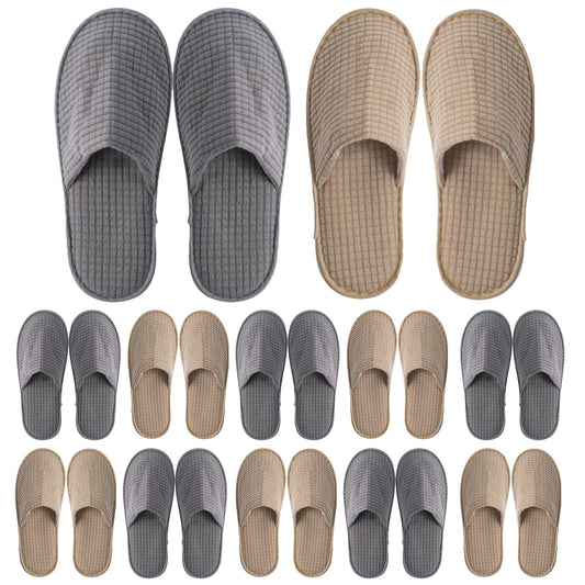 12 Pairs Disposable Slippers, Non-slip Guests Soft Polar Fleece SPA Slippers, Washable Reusable Slipper for Hotel Home Travel Indoor (Khaki, Grey)