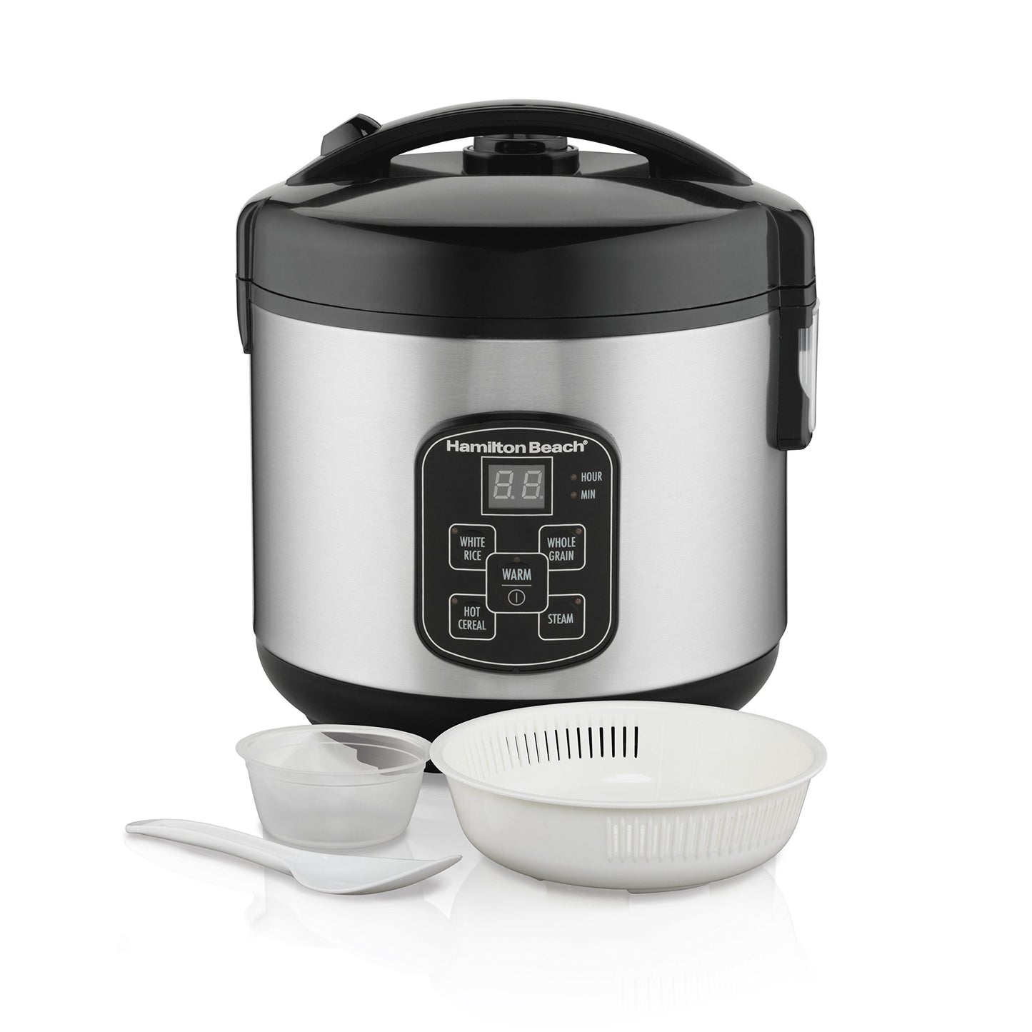 Hamilton Beach Digital Programmable Rice Cooker & Food Steamer, 8 Cups Cooked (4 Cups Uncooked), Stainless Steel, Steam & Rinse Basket, Model 37518MN