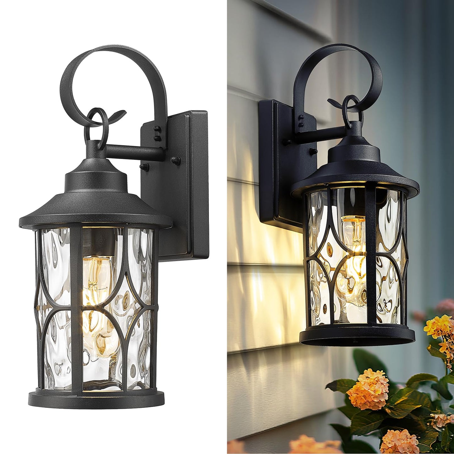 zeyu Wall Mounted Lantern Light, 15.5 Inch Outdoor Wall Light Fixtures for House in Black Finish, Die-Cast Aluminum with Water Ripple Glass, ZX111B BK-WG