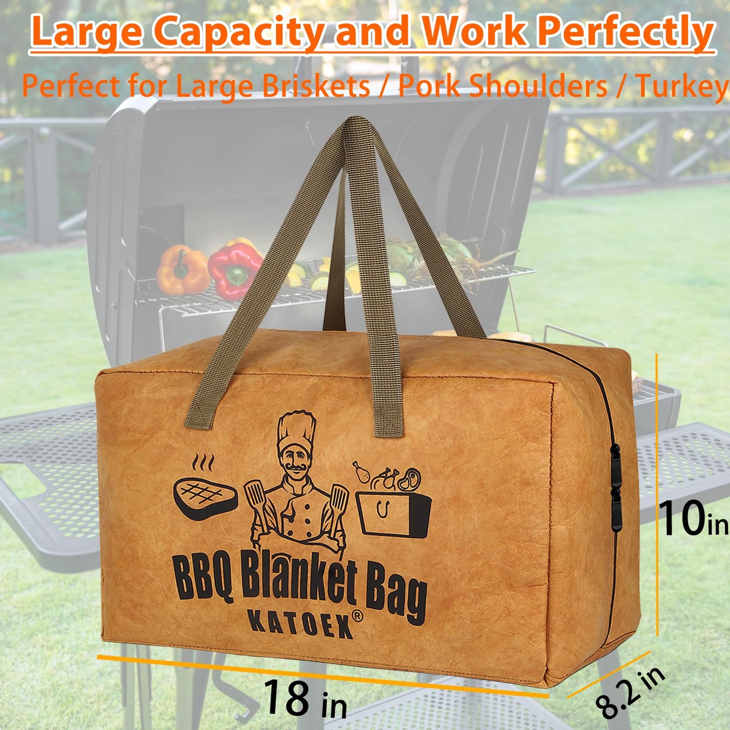 BBQ Blanket for Resting Meat, Insulated Brisket Resting Blanket for Smoking, Reusable BBQ Blanket Bag with Handle Strap & Wide Mouth for Large Briskets/Pork Shoulders/Turkeys/Picnic BBQ Party (18in)
