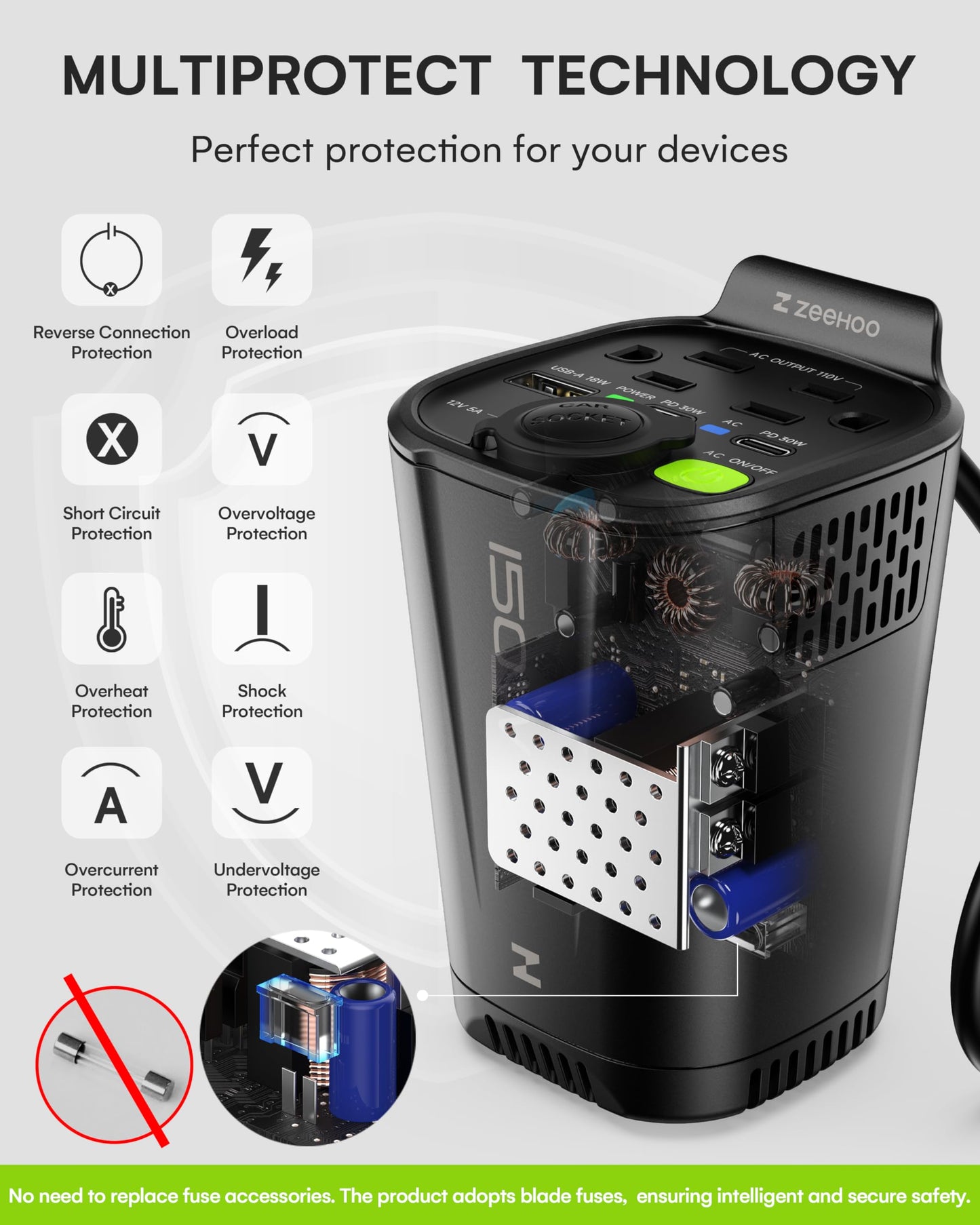 150W Car Power Inverter, 12V DC to 110V AC Car Plug Adapter Outlet Converter, with 2 AC Outlets, A 18W USB A and Dual 30W PD Car Charger, for Laptop Computer - Black