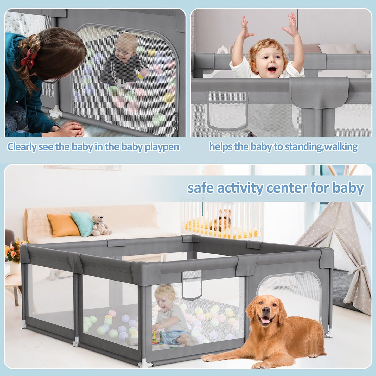 Palopalo Baby Playpen, 50''x50'' Small Playard for Babies and Toddlers, Baby Activity Center with 8 Suction Cup Bases, Infants Play Pen with Gate and Soft Breathable Mesh, Ideal for First-time Mom