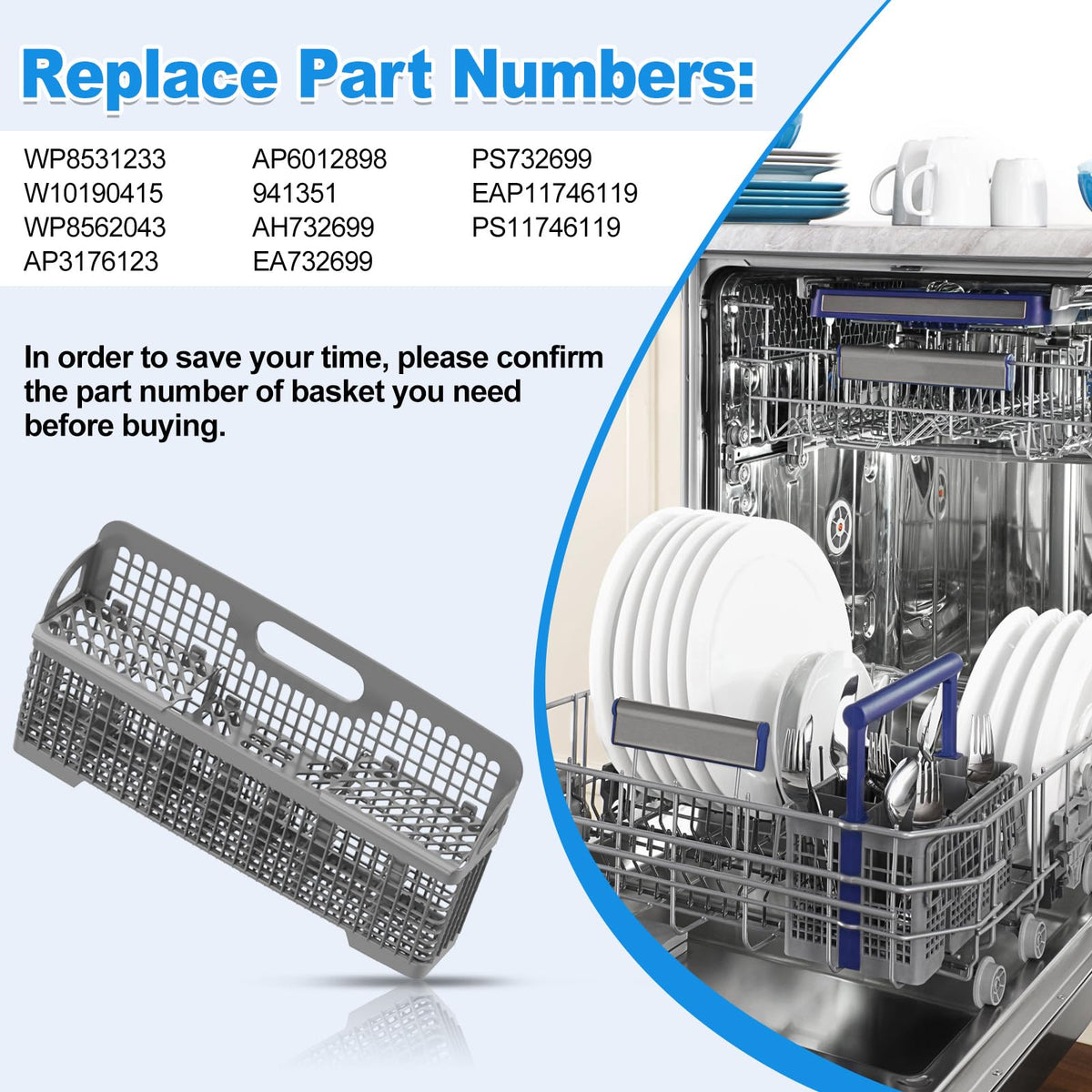 UPGRADED 8531233 WP8562043 Dishwasher Silverware Basket Replacement, Fits For Kitchenaid Kenmore Whirlpool Dishwasher Utensil Basket Parts KDFE104HPS0 KDTE334GPS0 Universal Dishwasher Cutlery Basket