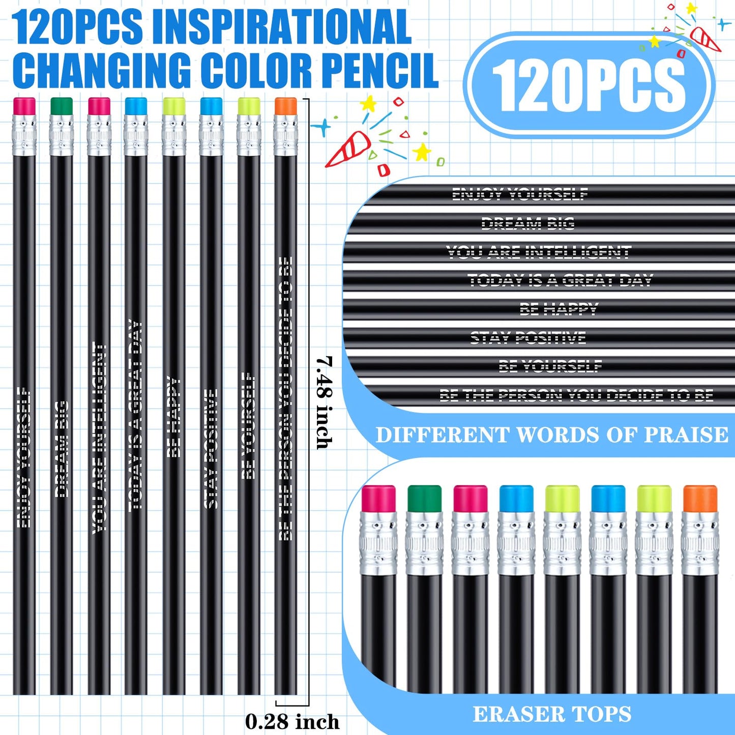 240 Pcs/120 Set Inspirational Pencil Bookmark Gift Thermochromic Color Changing Pencil Bulk with Eraser Motivational Bookmark Back to School Gifts for Kids Students Teacher Classroom Party Favors