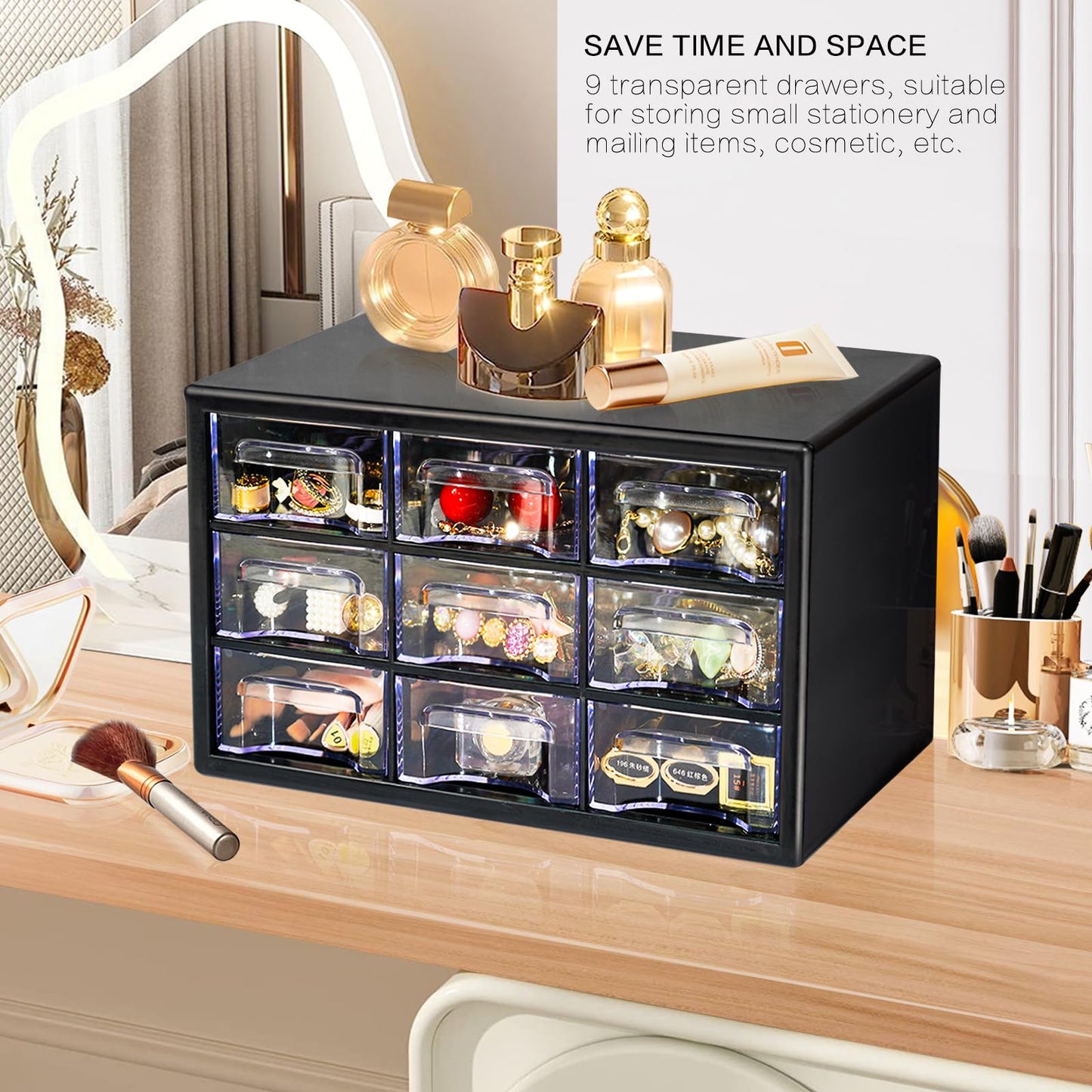 FODIENS Desk Storage Organizer with 9 Drawers, Stackable Desktop Craft Drawer Cabinet, Clear Storage Box Caddy for Makeup Jewelry Office Craft Supplies (Black)