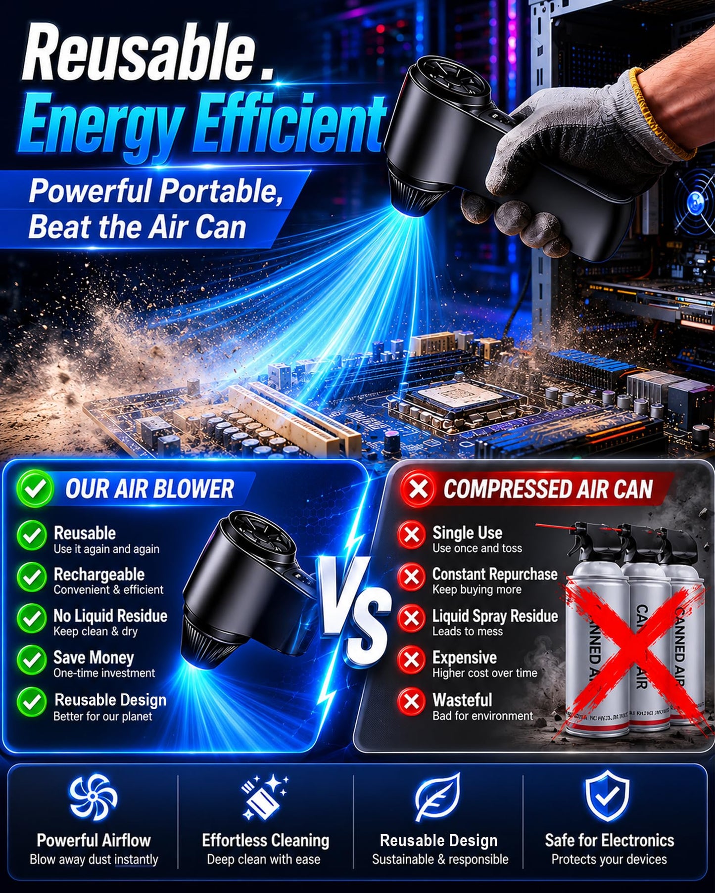 Compressed Air Duster 180000RPM – Super Power Cordless Electric Air Duster with 3-Speed Turbo Fan, Rechargeable Air Blower for Computer, Keyboard, Car, Camera & Home Cleaning