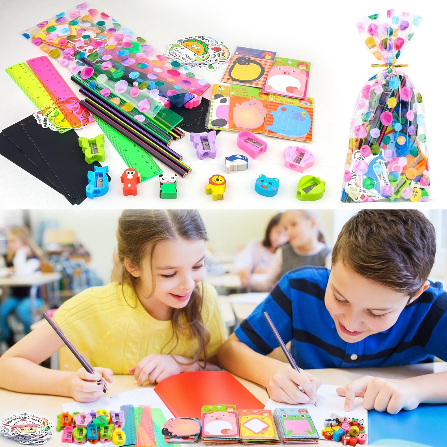 Stationery Party Packs, 24 Pack Birthday Goodie Bags for Kids with Pencils Rulers Erasers Perfect Classroom Rewards Student Gifts School Class Goodie Bag Return Gifts