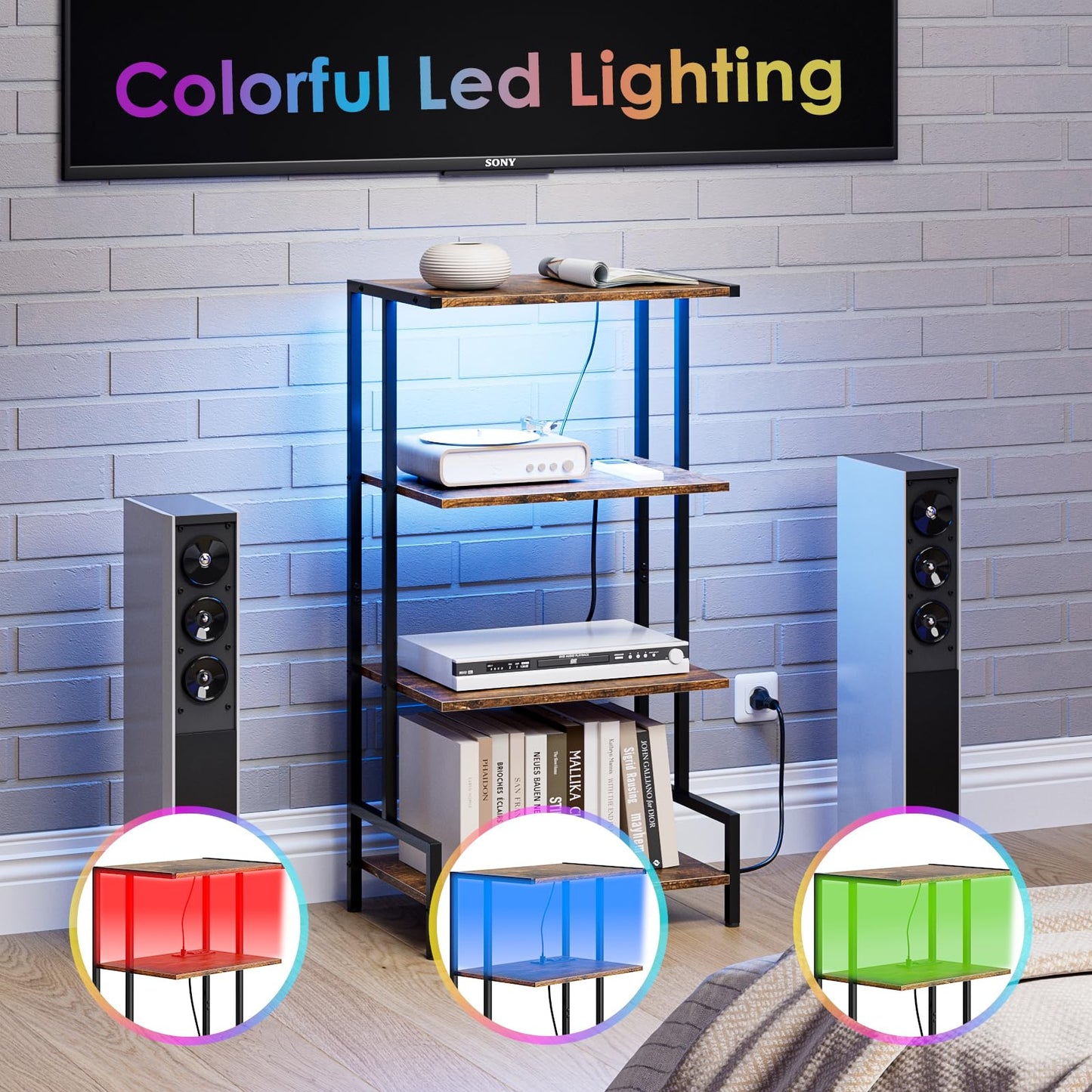 Arbuxzuy 4-Tier AV Media Stand with Power Outlet and LED Lights,Wooden Stereo Stand Cabinet,Game Console Shelf for Small Space,Audio Rack Stand Tower Ideal for Video DVD Players,Xbox