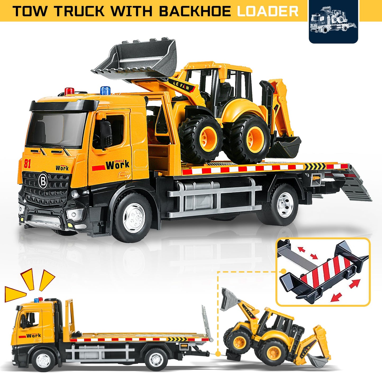 ID Gerilla Tow Truck Toy Metal Cab, Flatbed Tow Truck Toys for Boys Age 3-5 with Backhoe Loader, Friction Powered Transport Trailers with Lights, Sounds, Construction Vehicles for Kids Birthday