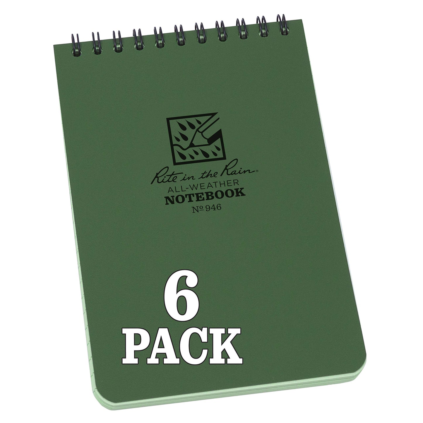 Rite in The Rain Weatherproof Top Spiral Notebook, 4" x 6", Green Cover, Universal Pattern, 6 Pack (No. 946L6)