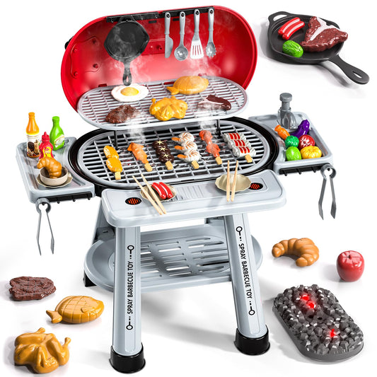Blmukce Kids Grill Playset, 2-Layer BBQ Play Kitchen Set for Toddlers 3-5 with Smoke, Sound & Light Interactive Outdoor Kitchen Cooking Toy Grill Christmas Birthday Gift for 4 5 6 Years Old Boys Girls