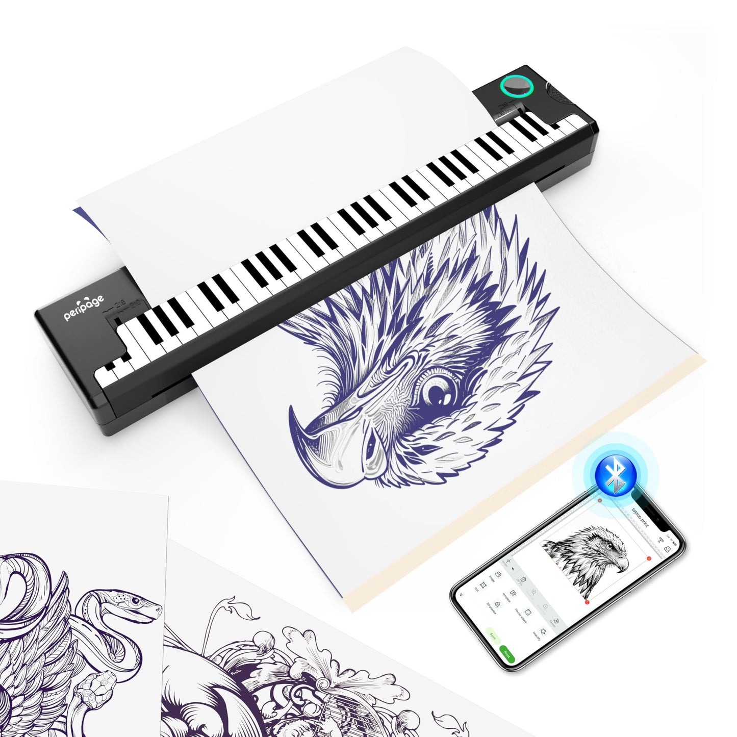 PeriPage P90-Pino Wireless Tattoo Stencil Printer, Inkless Thermal Tattoo Machine with Piano-Inspired Design, Portable Tattoo Printer Kit Compatible with Phones, Tablets & PC