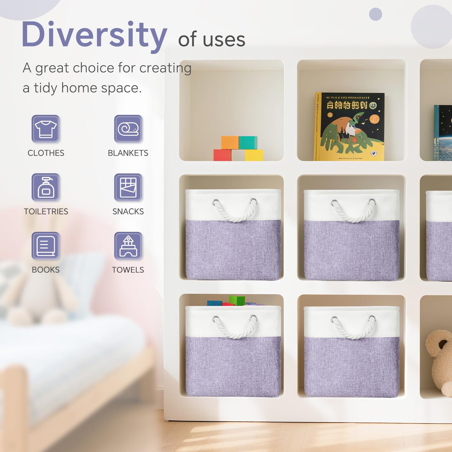 FinishingBo Cube Storage Bins, 6 Pack 11x11 inch with Cotton Handles for Closet, Shelves, Clothes, Towel (White/Purple-6 Pack)