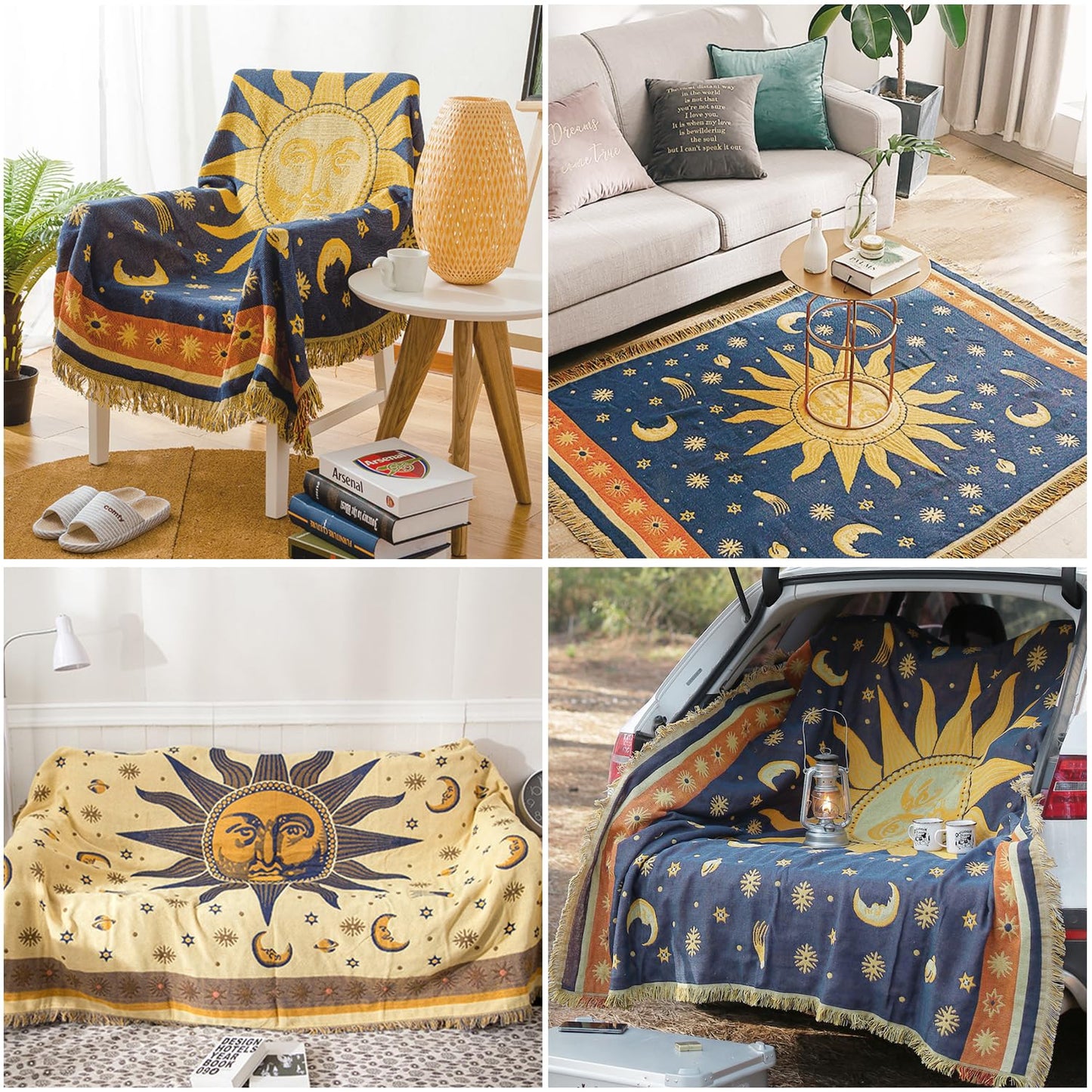 Boho Throw Blanket | Double-Sided Cotton Boho Blanket | Tasseled, Celestial Tapestry | Ideal for Western Decor, Sofa, Bed, Travel | Yellow/Blue, 71"x51"