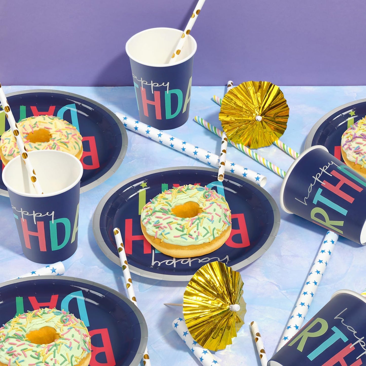 UVTQSSP 96 Pcs Party Plates and Cups and Napkins Sets, Birthday Paper Plates and Napkins, Disposable Tableware Set, Party Supplies for Kids Happy Birthday, Serve for 24, Blue Colorful Design