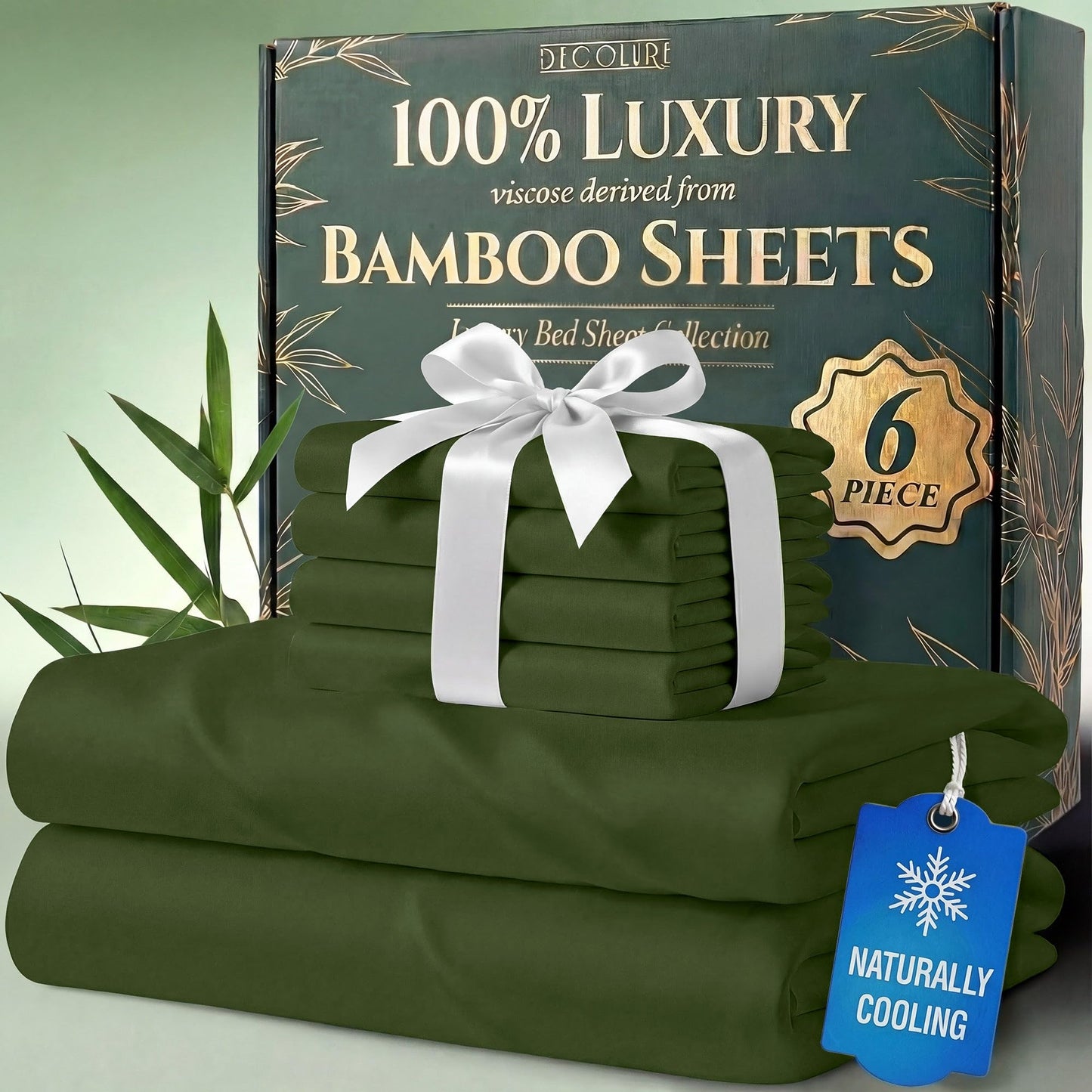 DECOLURE 100% Organic Viscose Derived from Bamboo Sheets Full Size 6pcs - Ultra Soft & Luxuriously Cooling, 17" Deep Pocket, Double Stitching, Perfect for Hot Sleepers - Full Bed Sheets (Olive)
