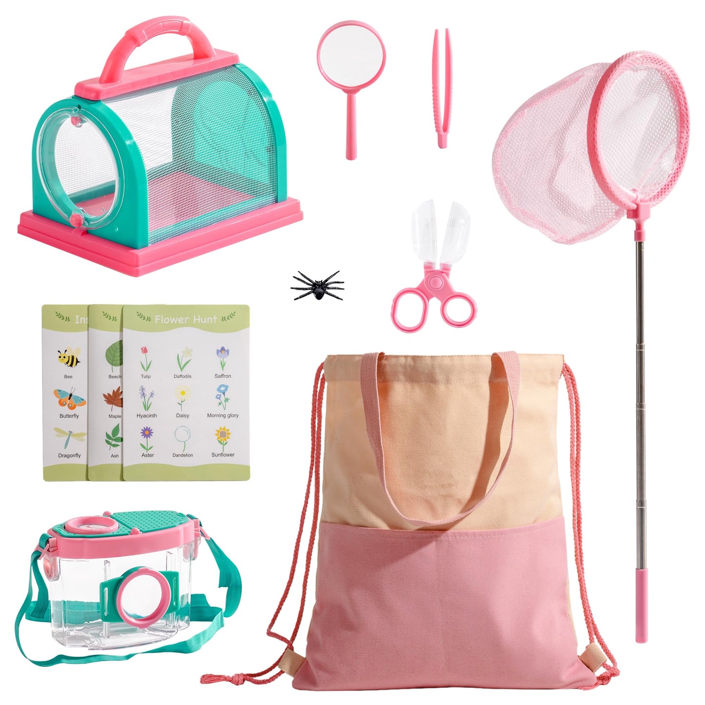 ROBOTIME Kids Explorer Kit & Bug Catcher Kit for Kids, 10PCS Bug Catcher Kit, Bug Catching Kit, Exploration Set Camping Gear for Toddlers, Outdoor Adventure Toys Gift for Girls 3-12 (Pink)
