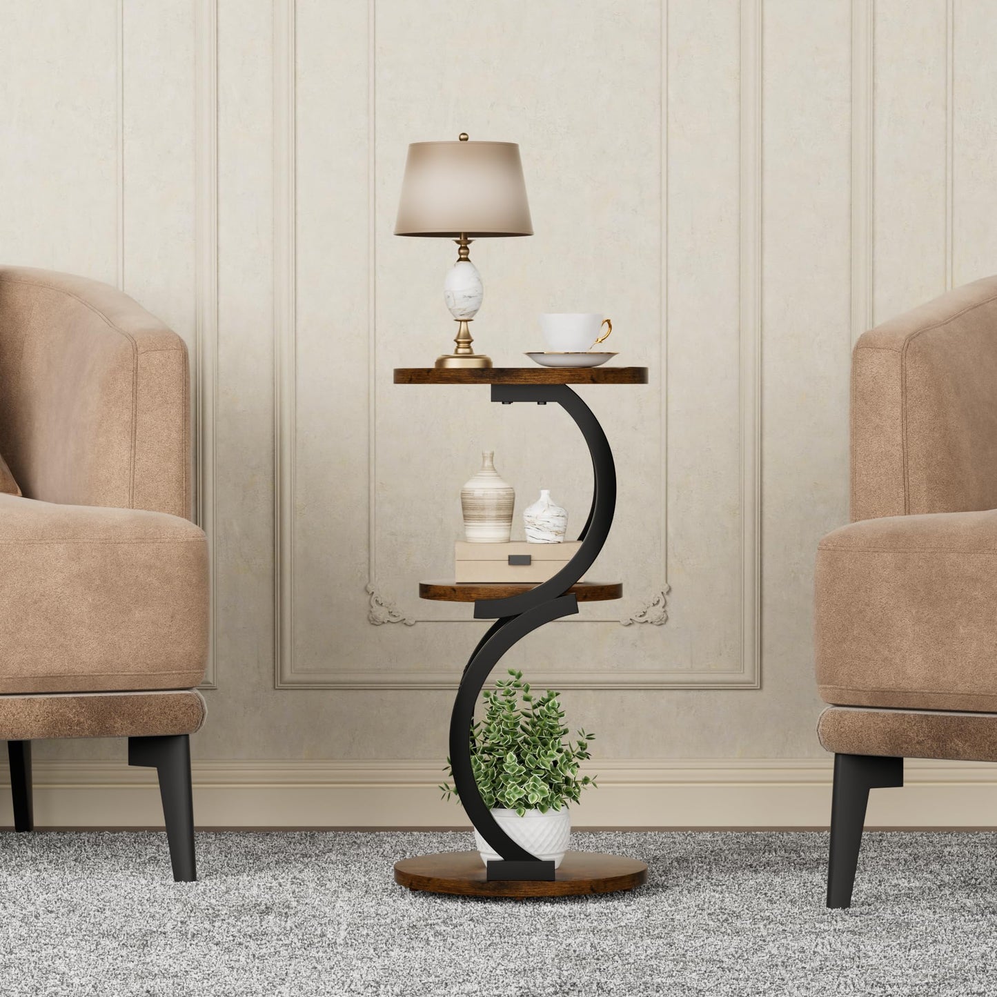 JUSTOGO Round Side Table, S-shaped 3-Tier Coffee Table, Small Table, Wood, Metal Bedside Table for Living Room, Bedroom