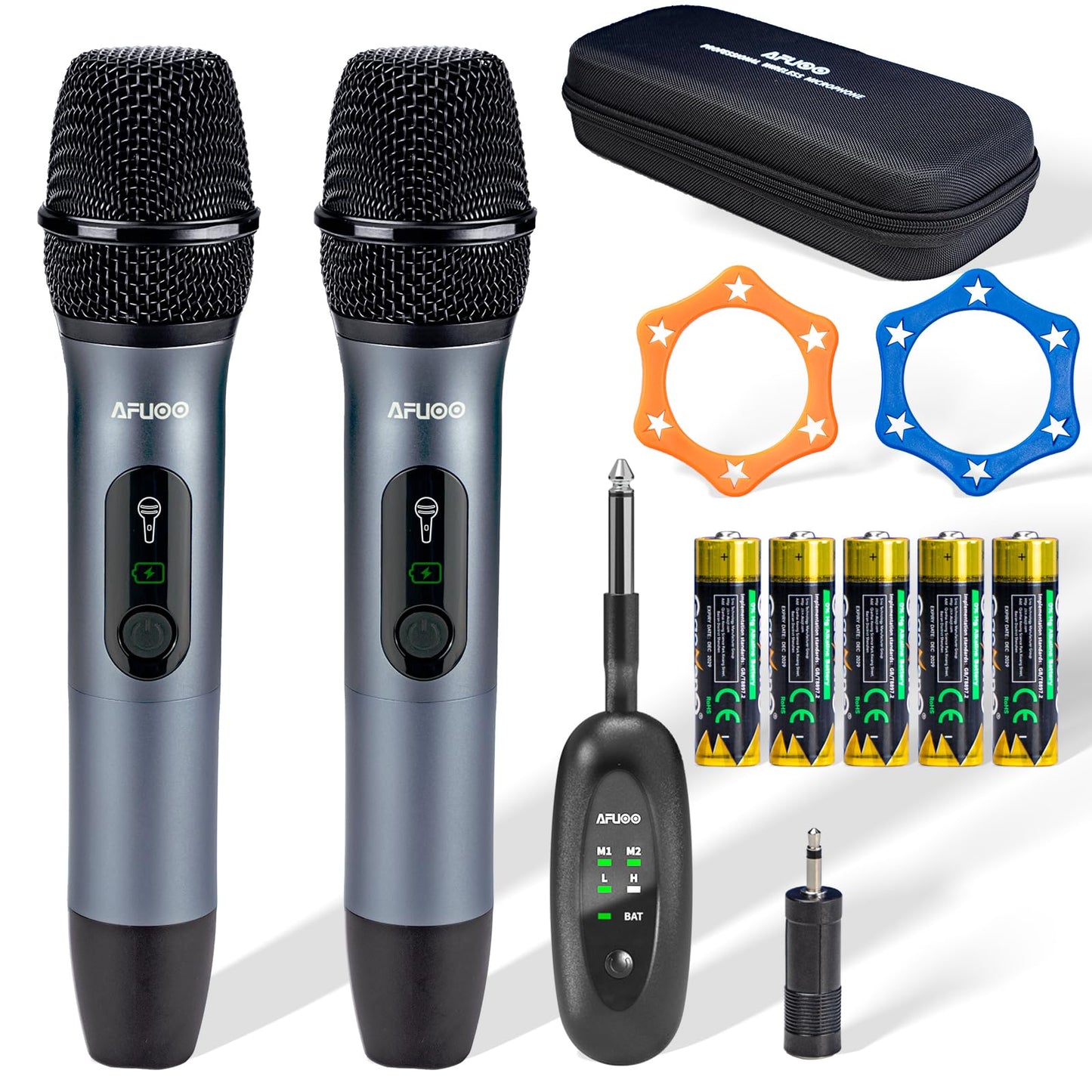 AFUOO Wireless Microphone Set for Singing, Speeches & Karaoke, 2.4GHz Dual-Mic Receiver, 200ft, Storage Bag Included, Metal Cordless Mic 2 Pack for Karaoke Machines, PA Systems, PartyBox, Gray-Blue