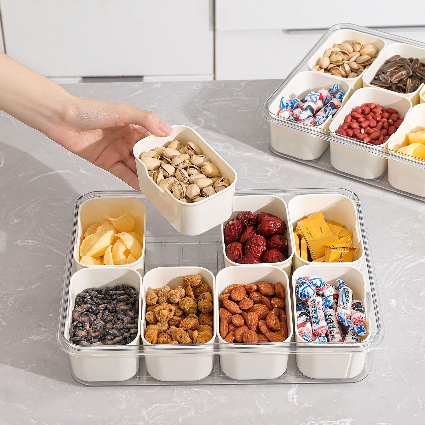 shopwithgreen 8 Compartment Snack Box Container, Divided Serving Tray with Lid and Handle, Portable Snackle Box for Veggies, Fruit, Nuts, Candy (2 Pack)